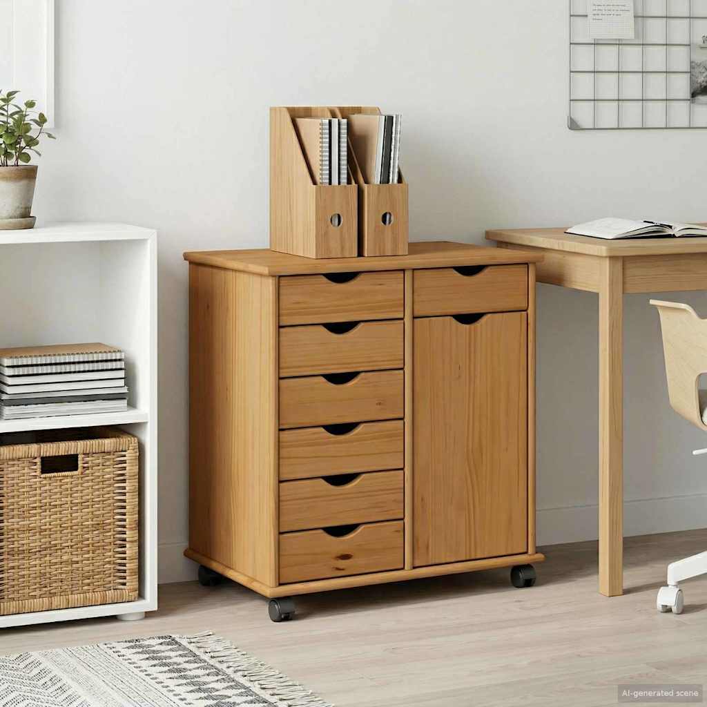 Rolling Cabinet Honey Brown 63.5 x 39 x 65.5 cm Solid Pine Wood