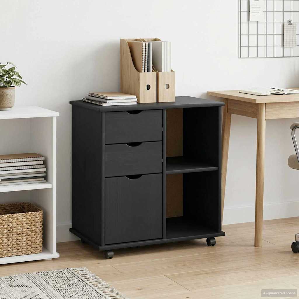 Rolling Cabinet Black 63.5 x 39 x 65.5 cm Solid Pine Wood