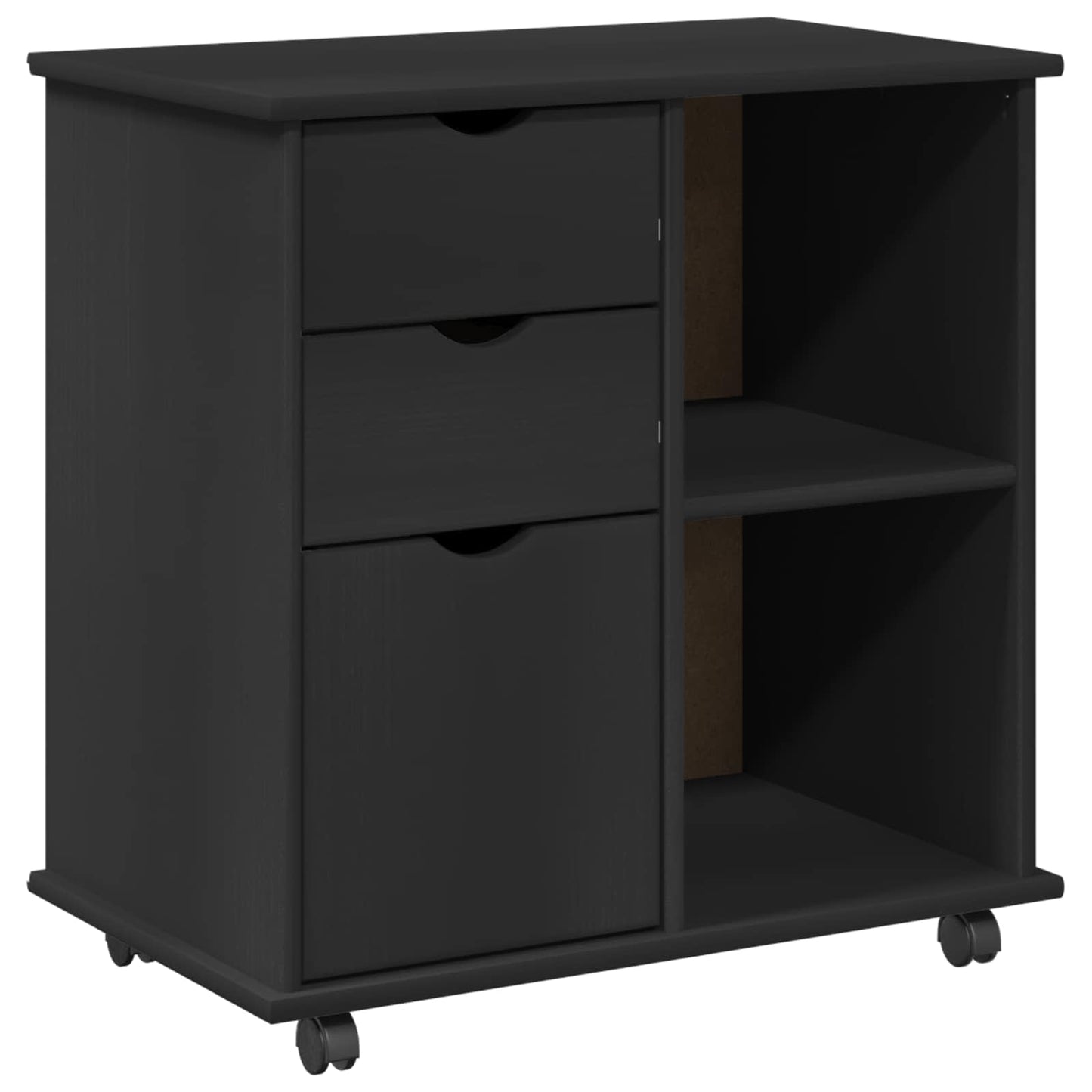 Rolling Cabinet Black 63.5 x 39 x 65.5 cm Solid Pine Wood