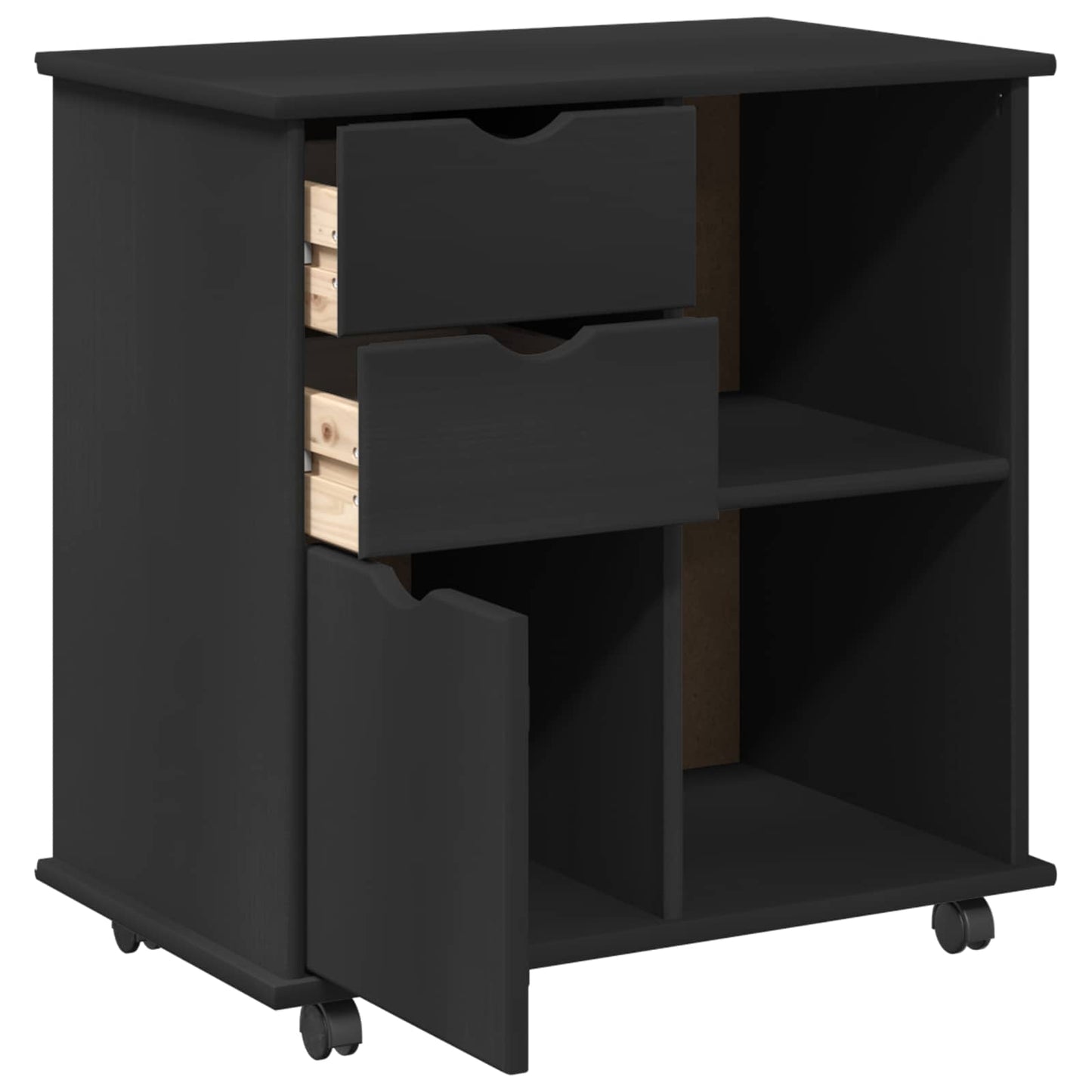 Rolling Cabinet Black 63.5 x 39 x 65.5 cm Solid Pine Wood