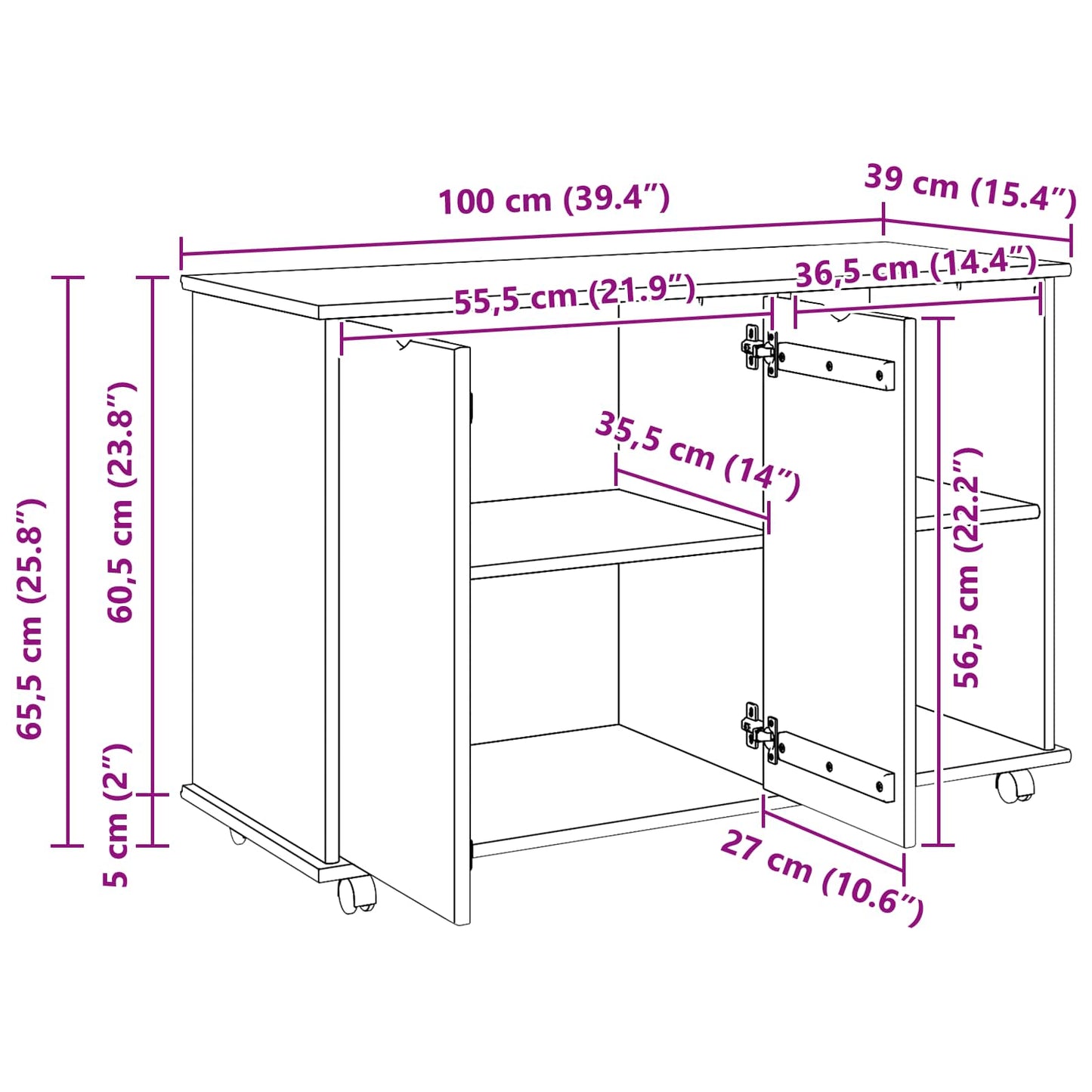 Rolling Cabinet Grey 100 x 39 x 65.5 cm Solid Pine Wood