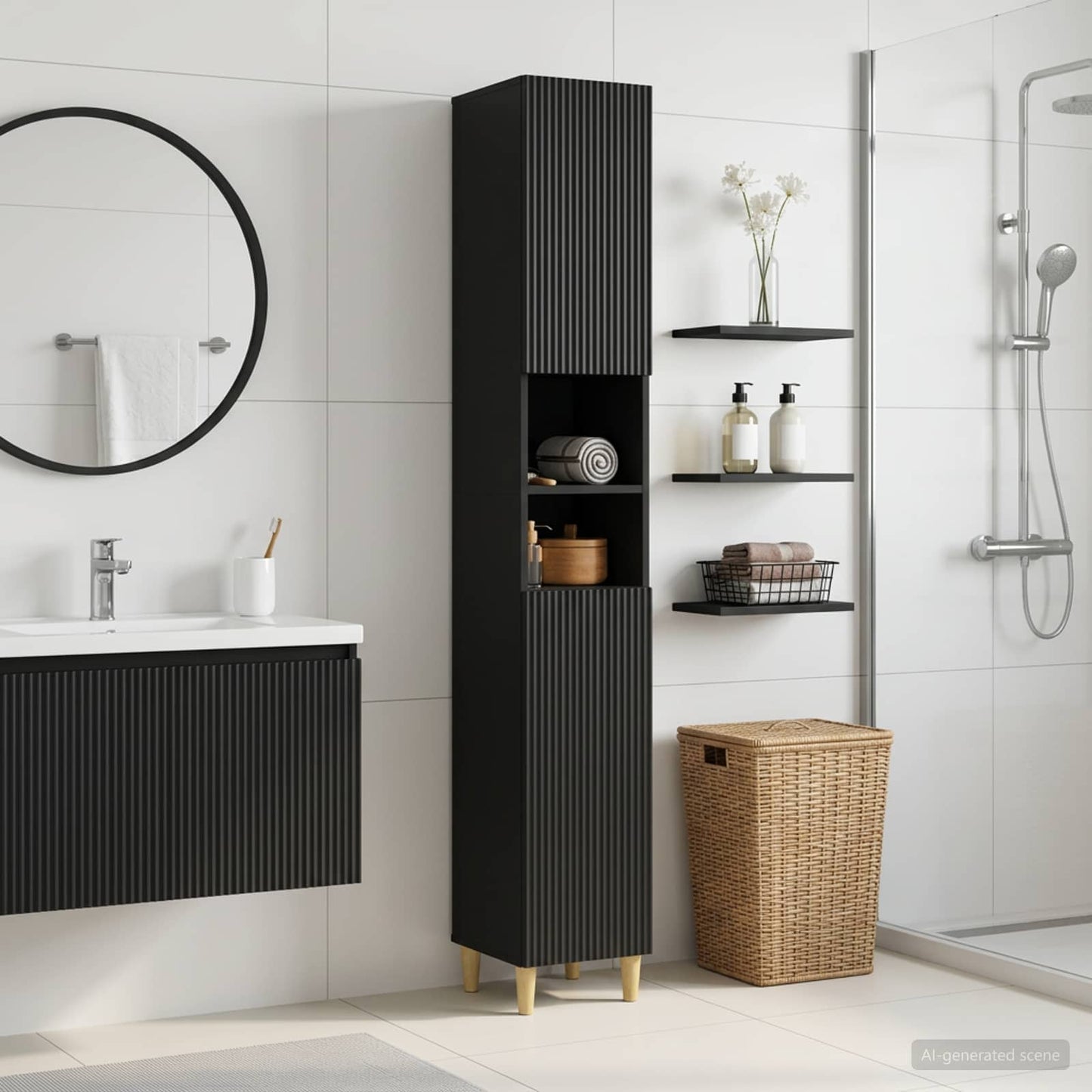 Bathroom Cabinet with Open Shelf ARNHEM Black 30 x 31 x 190 cm
