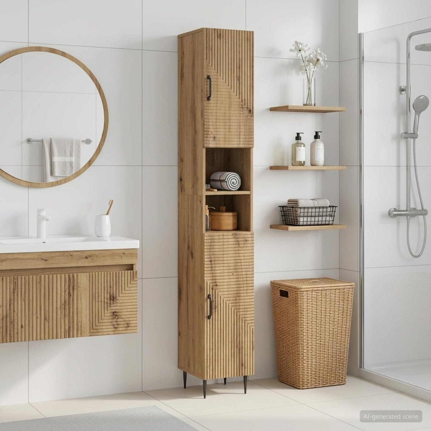 Bathroom Cabinet with Open Shelf HAARLEM Artisan Oak