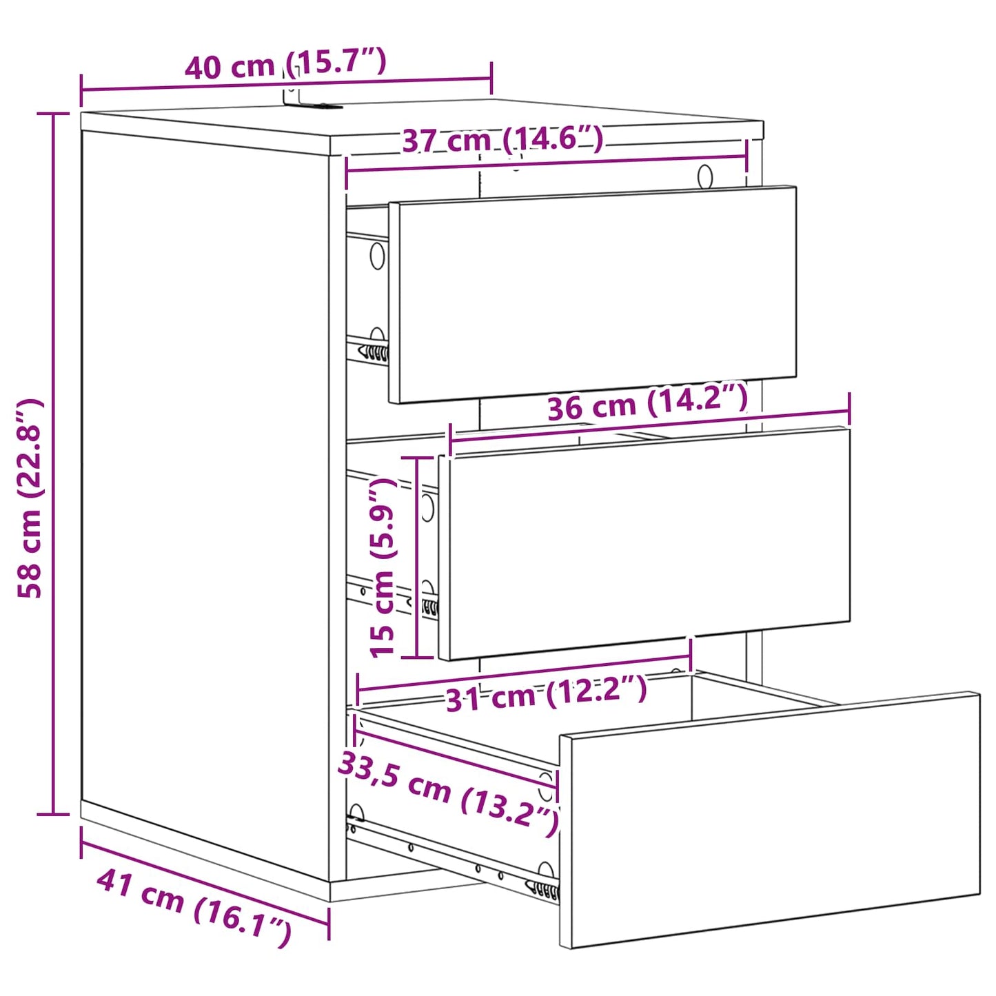 Drawer Cabinet 3-Drawer Black Oak 41 x 40 x 58 cm