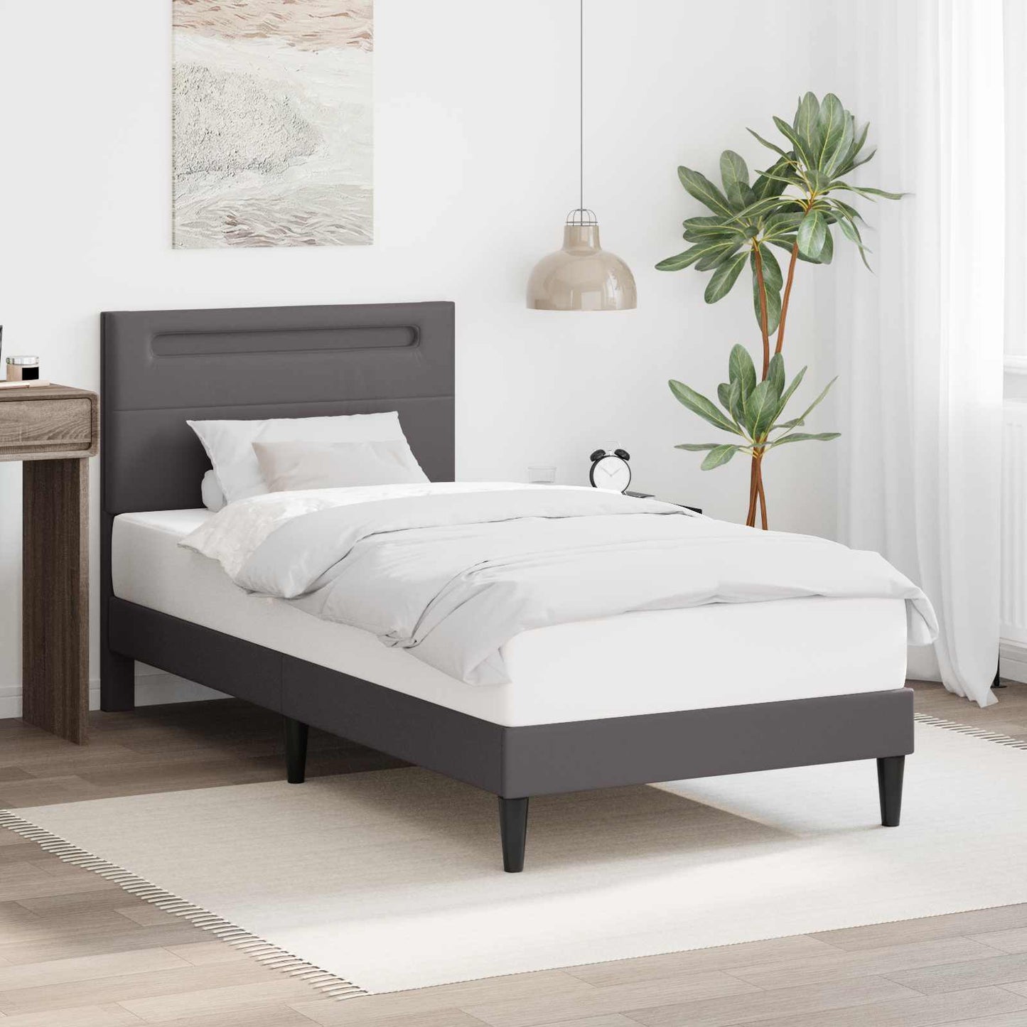 Bed Frame with LED Strip Lights Grey 90 x 190 cm Faux Leather