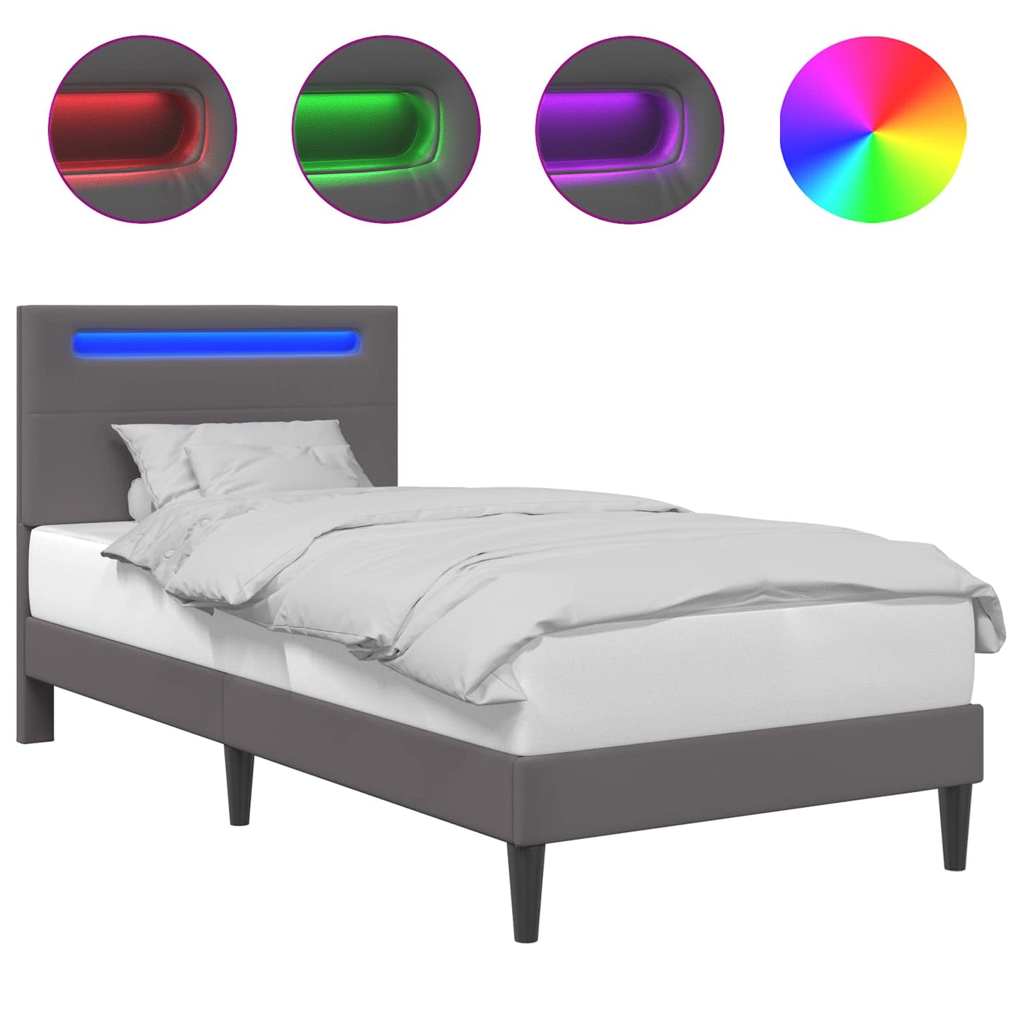 Bed Frame with LED Strip Lights Grey 90 x 190 cm Faux Leather
