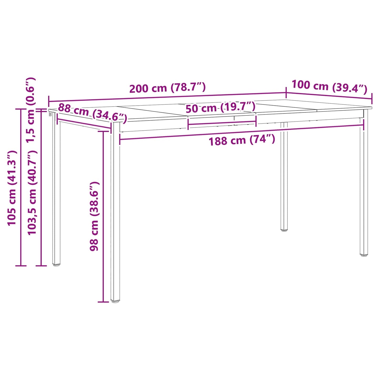 Bar Table White 200 x 100 x 105 cm Solid Pine Wood