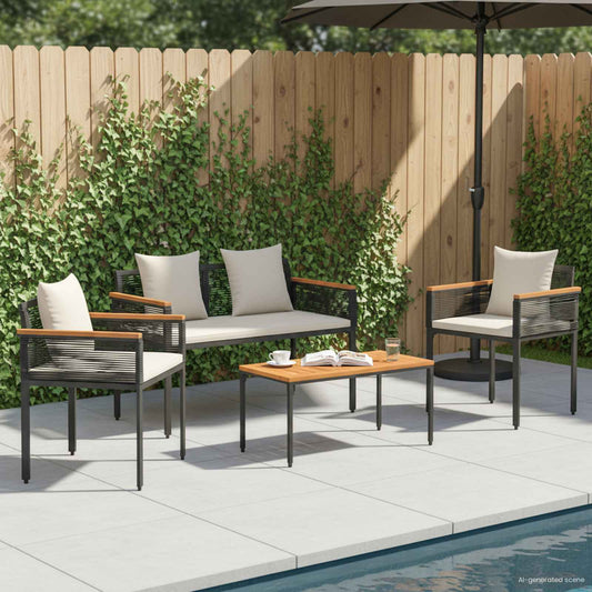 Outdoor Furniture Set 4 pcs Black and Cream White PE Rattan
