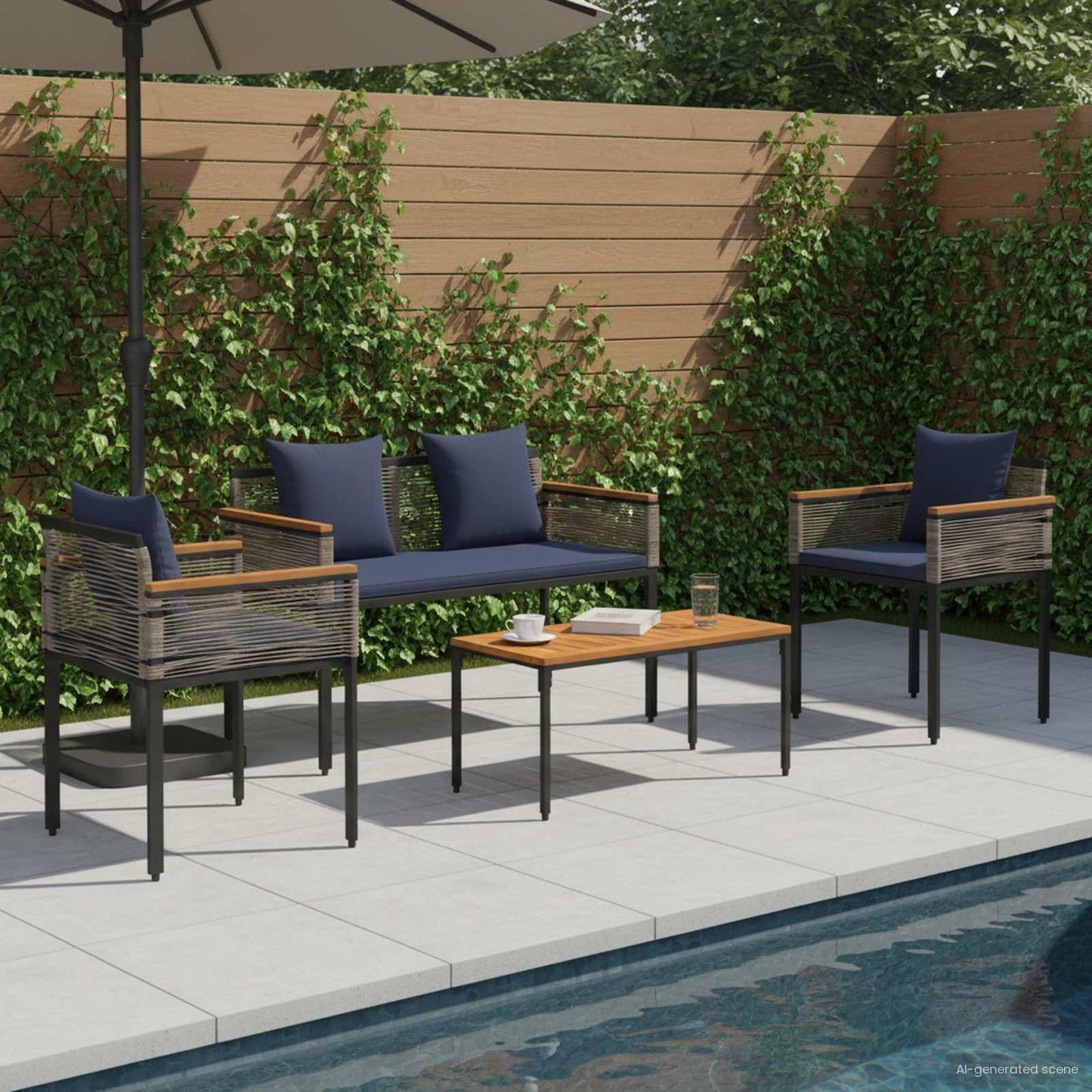Outdoor Furniture Set Grey and Navy Blue Poly Rattan