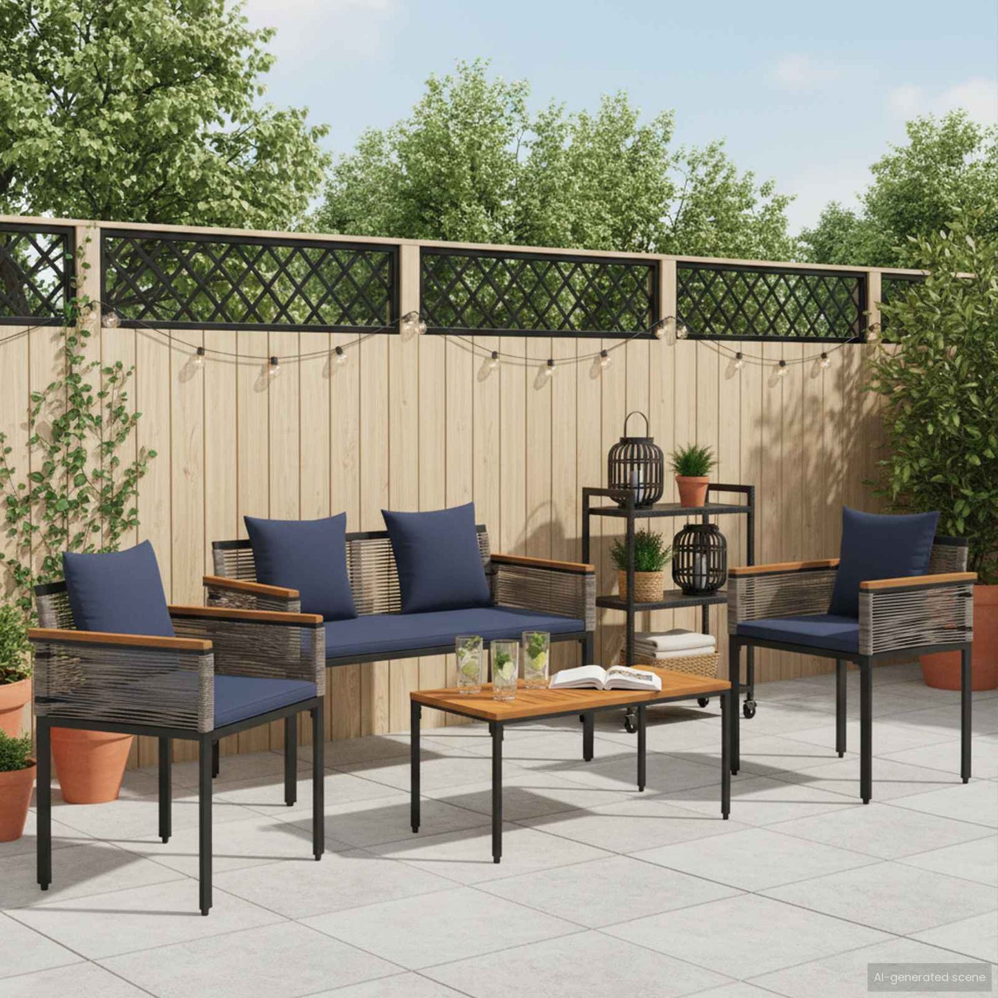 Outdoor Furniture Set Grey and Navy Blue Poly Rattan