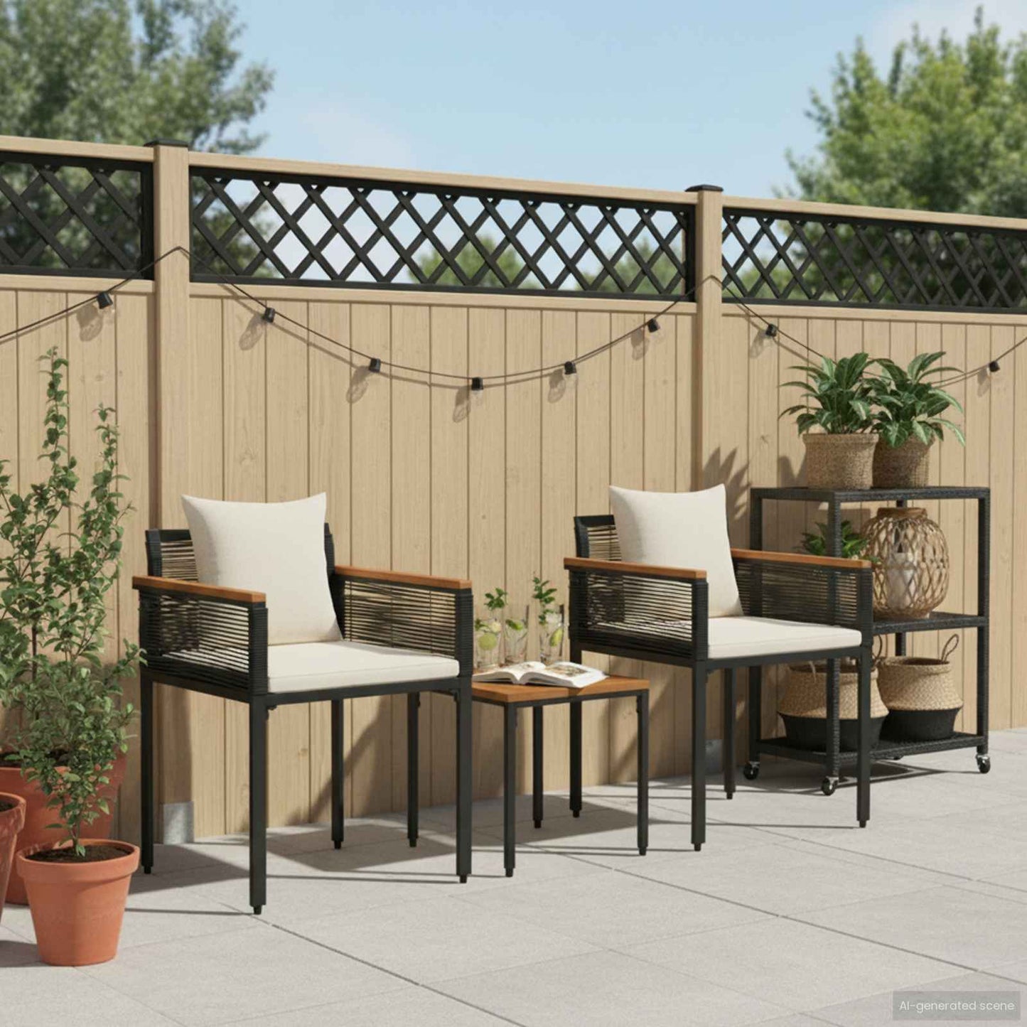 Outdoor Furniture Set 3 pcs Black and Cream White PE Rattan
