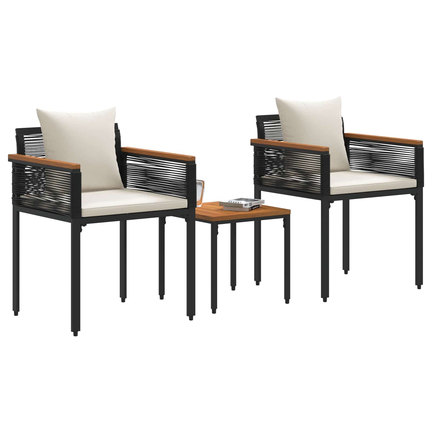 Outdoor Furniture Set 3 pcs Black and Cream White PE Rattan