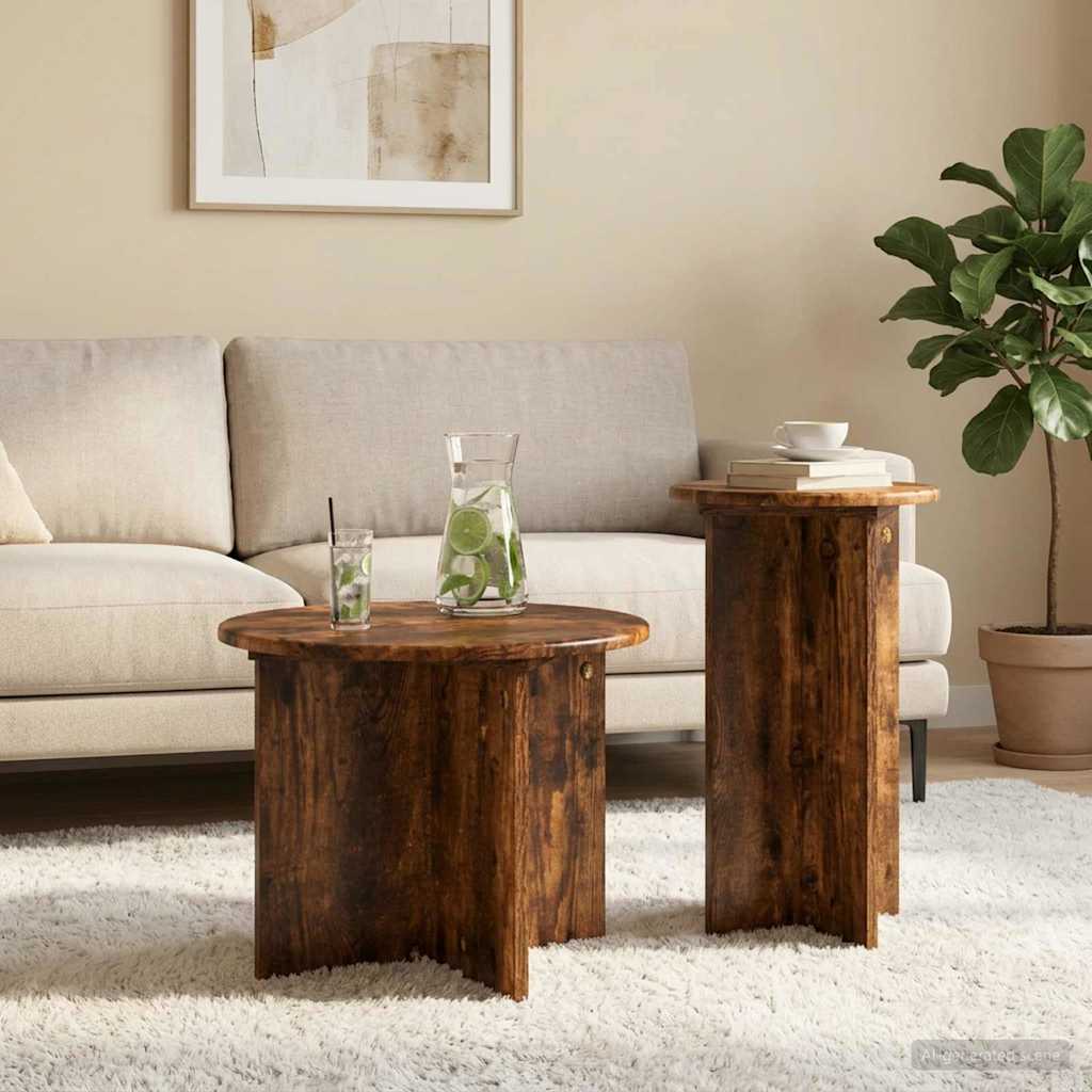 Side Table Set 2 pcs Smoked Oak Ø 45 x 35 cm Engineered Wood