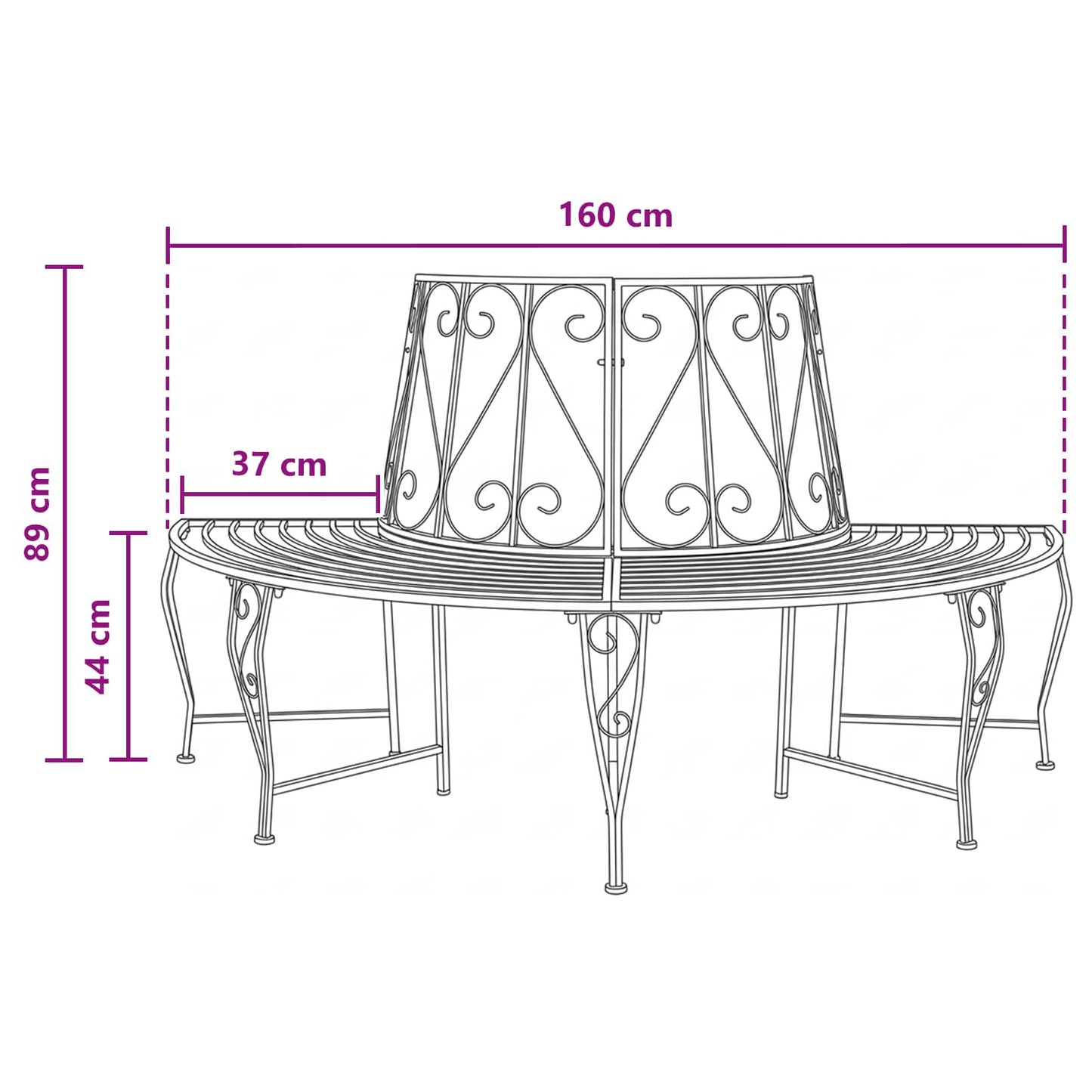 Tree Bench 4-Seater 160 x 80 x 89 cm Steel Black Half-round