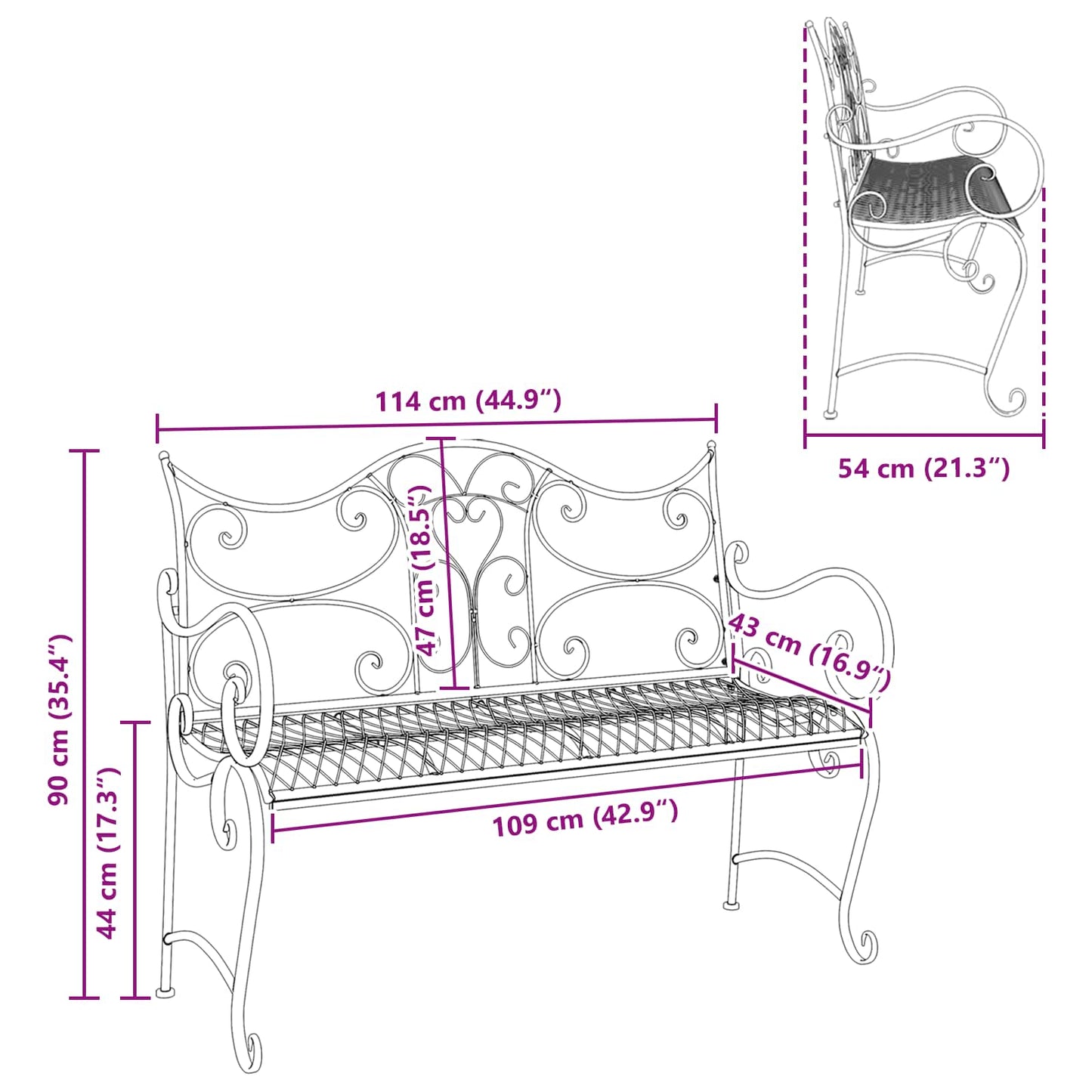 Garden Bench 2-Seater 114 x 56.5 x 90 cm Steel Antique White