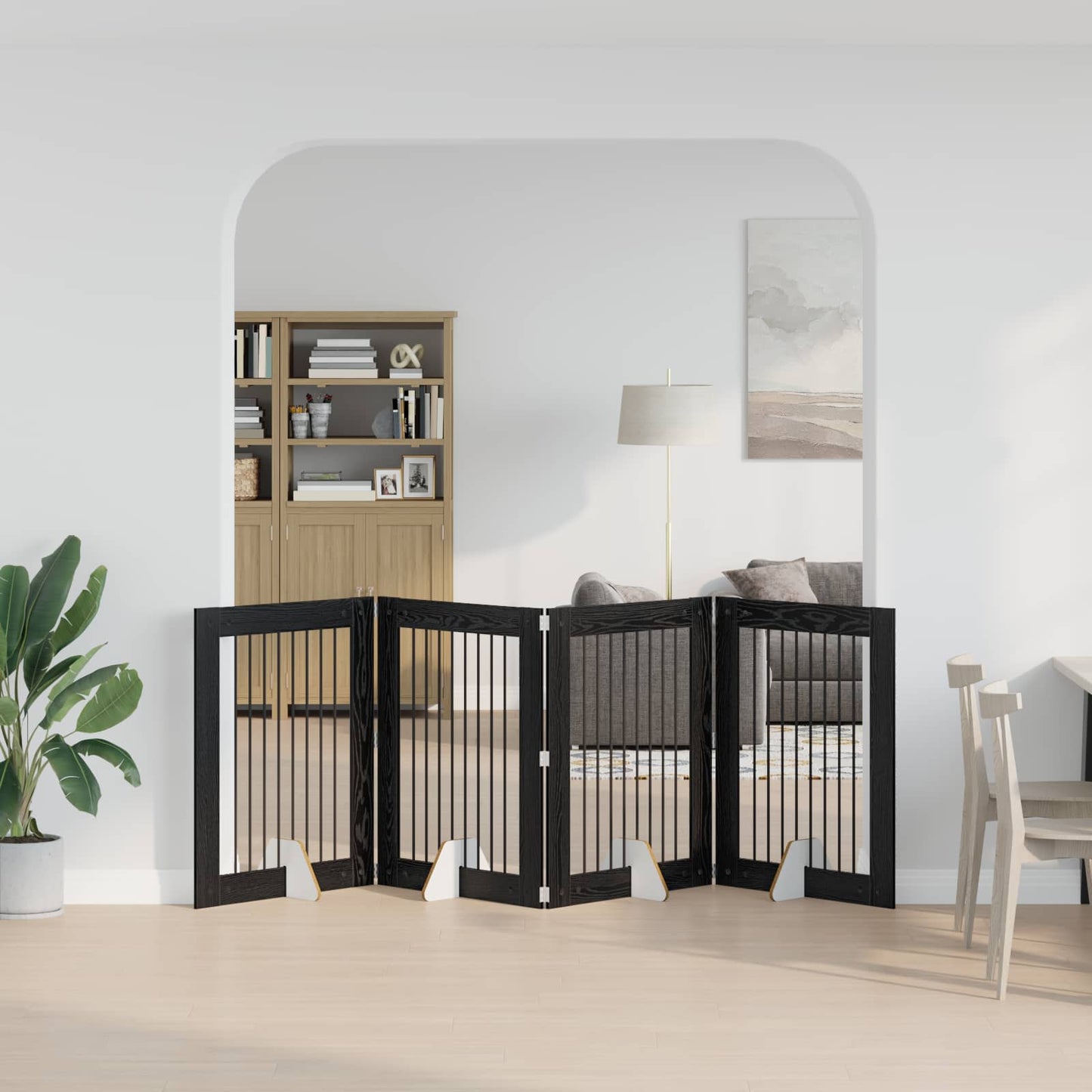 Foldable Dog Gate with Stands 4 pcs Black Oak 321 cm