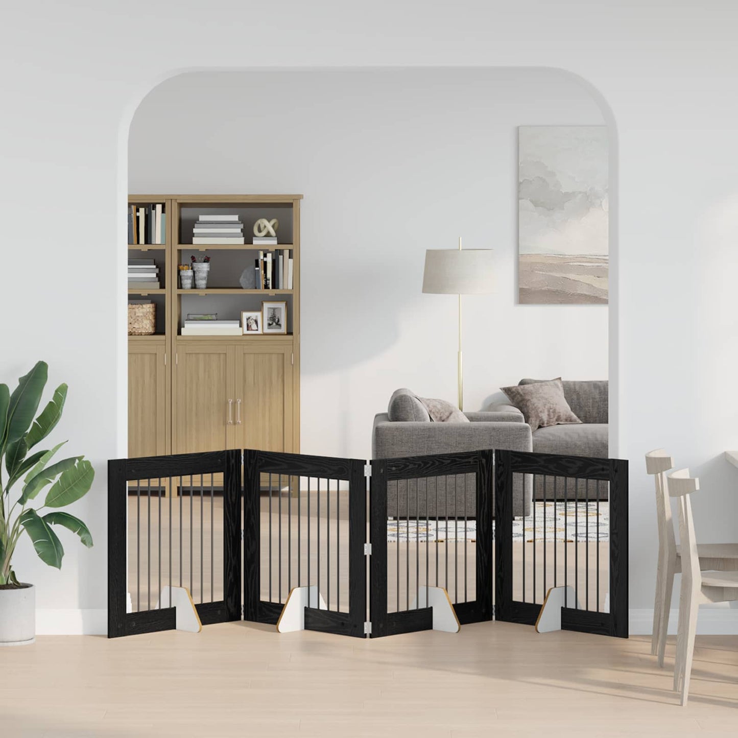 Foldable Dog Gate with Stands 4 pcs Black Oak 321 cm