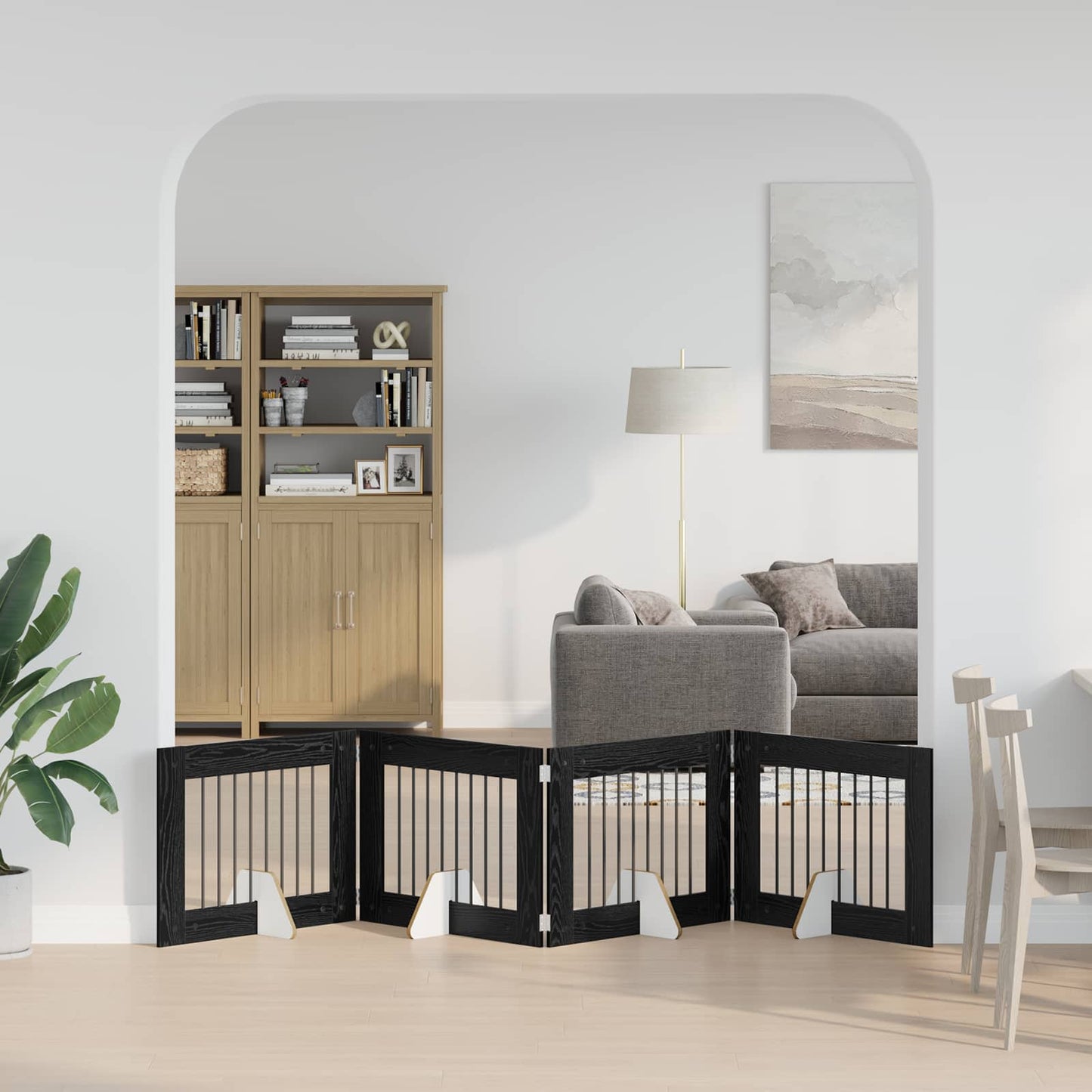 Foldable Dog Gate with Stands 4 pcs Black Oak 321 cm
