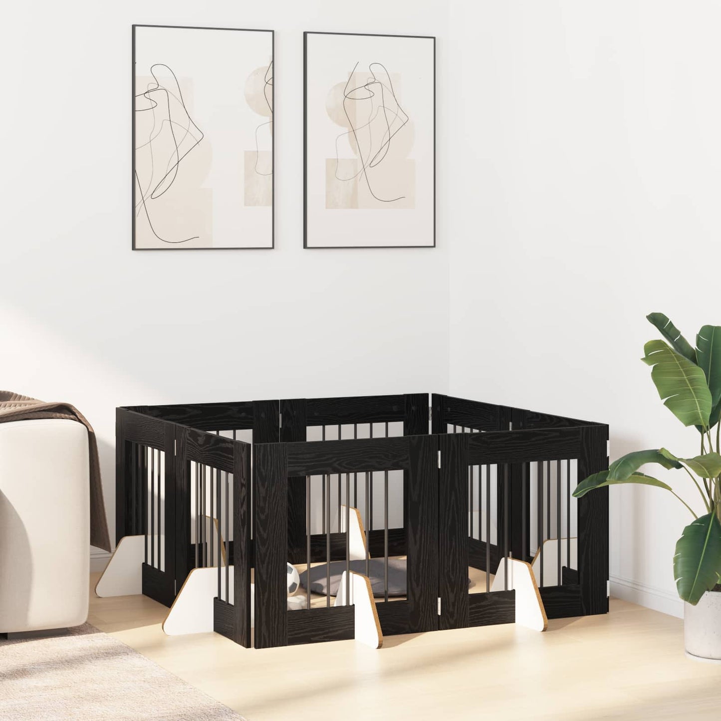 Dog Gate with Stands 8 pcs Black Oak 60 x 60 cm Engineered Wood