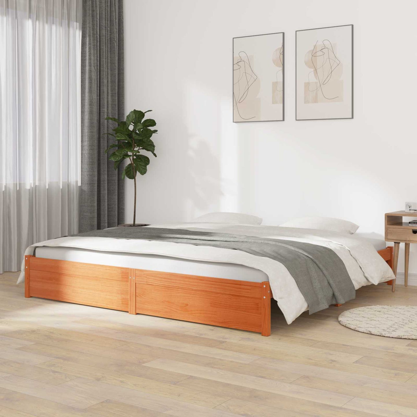 Bed Frame Wax Brown 200 x 200 cm Solid Pine Wood