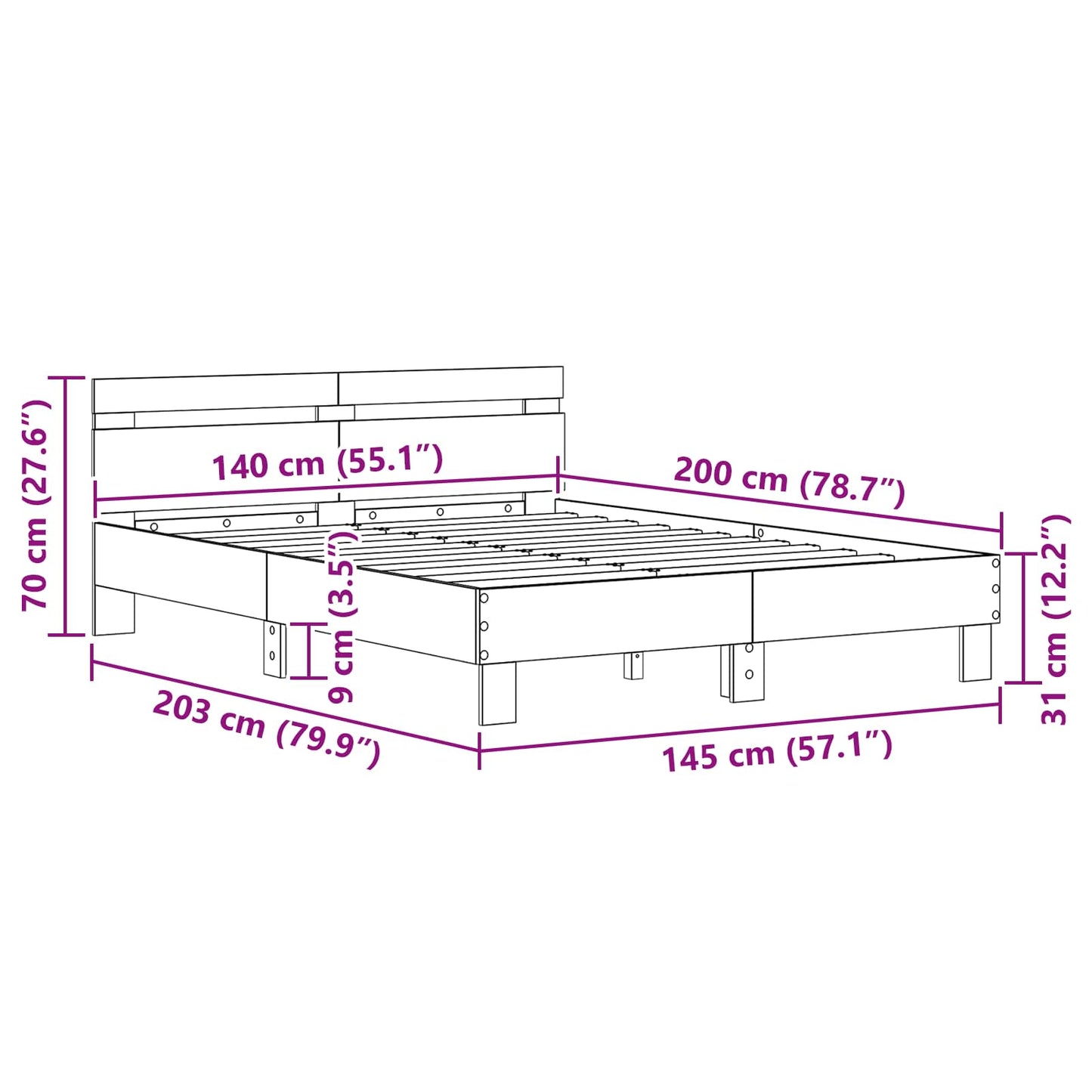 Bed Frame Artisan Oak 140 x 200 cm Engineered Wood