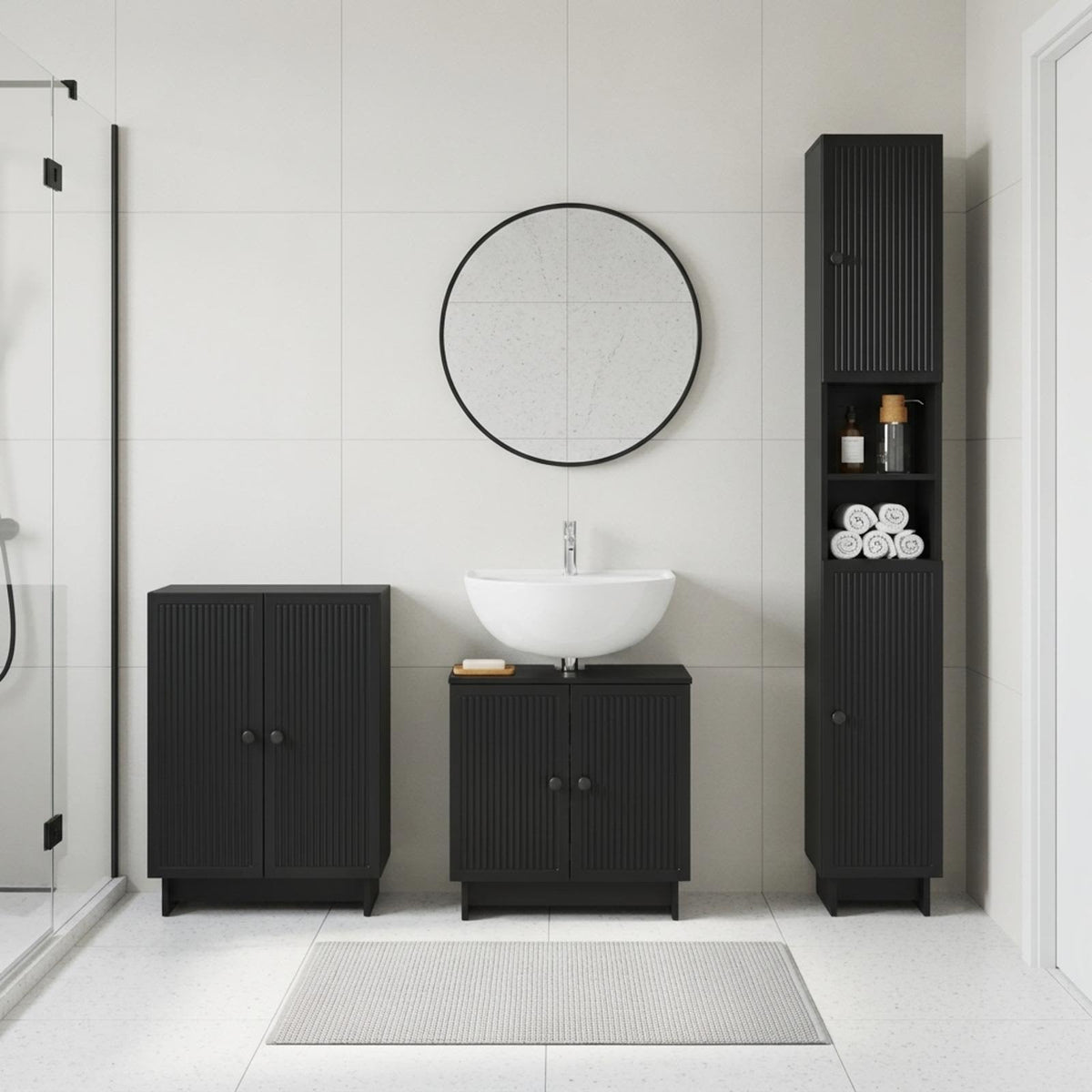 3 Piece Bathroom Cabinet Set EDE Black Engineered Wood