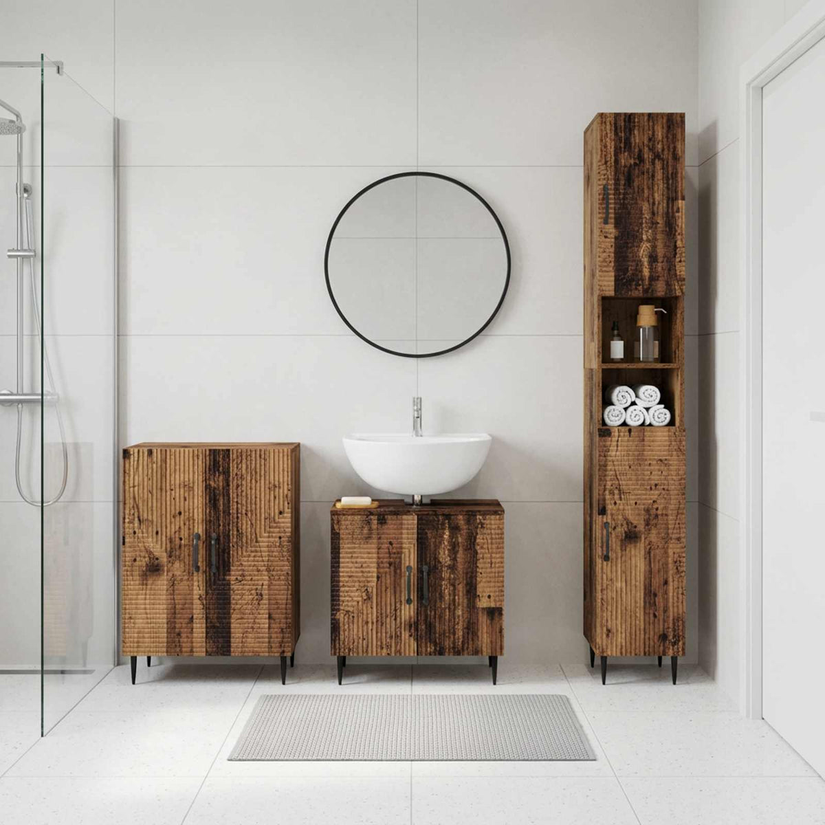 3 Piece Bathroom Cabinet Set HAARLEM Old Wood Engineered Wood