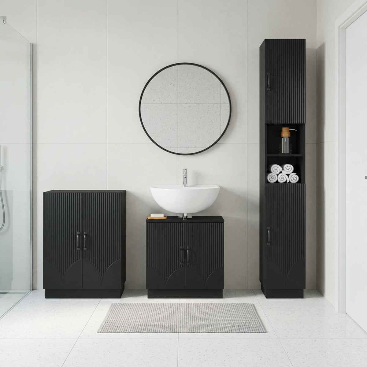 3 Piece Bathroom Cabinet Set HOORN Black Engineered Wood