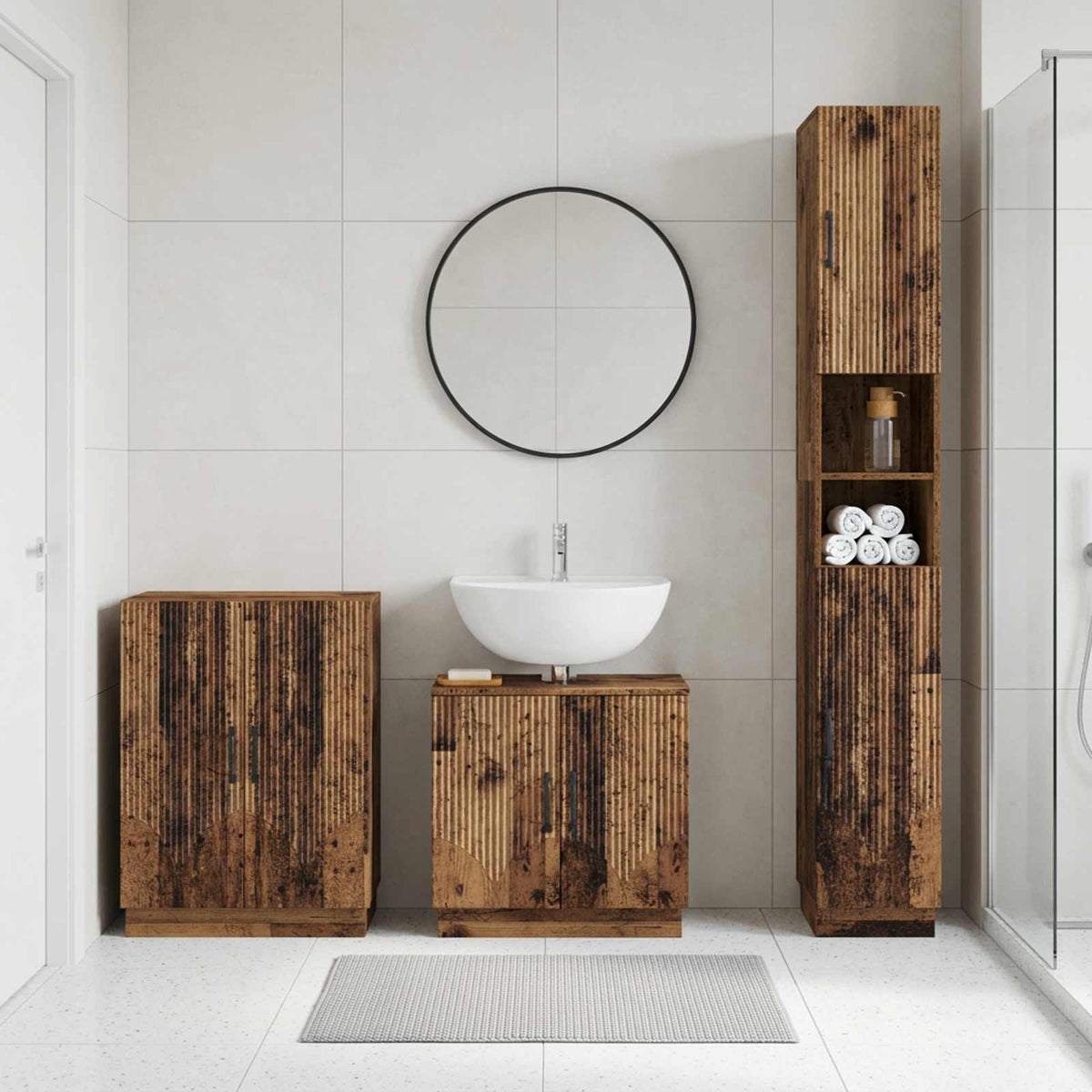 3 Piece Bathroom Cabinet Set HOORN Old Wood Engineered Wood