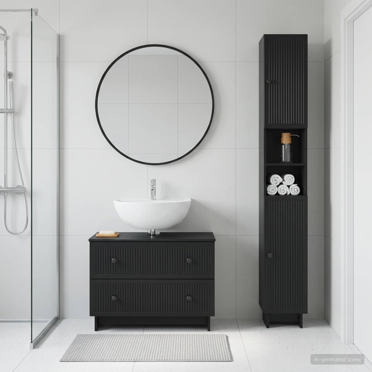2 Piece Bathroom Cabinet Set EDE Black Engineered Wood