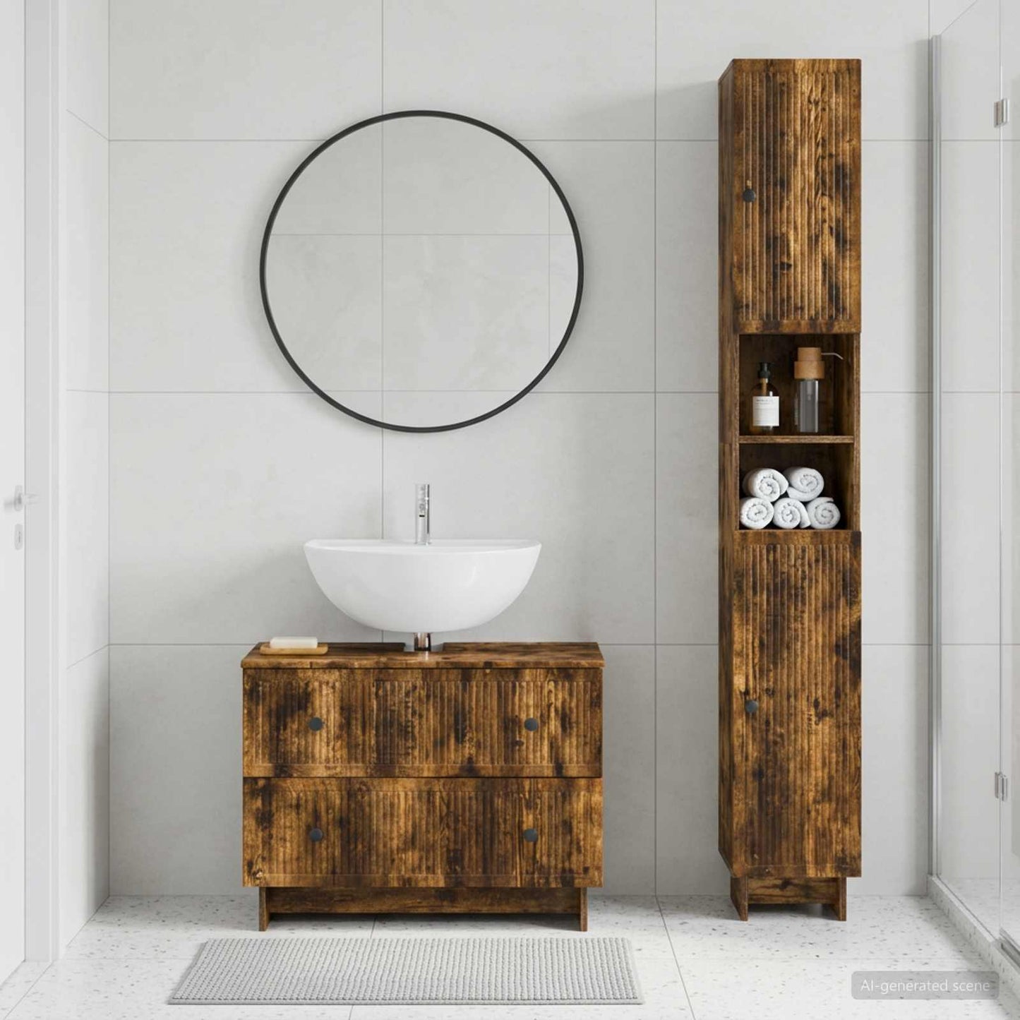 2 Piece Bathroom Cabinet Set EDE Smoked Oak Engineered Wood