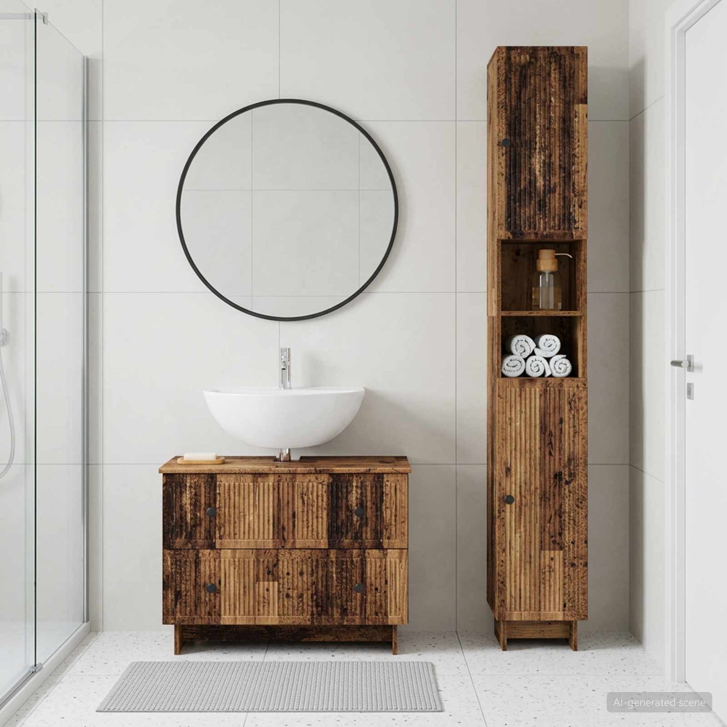 2 Piece Bathroom Cabinet Set EDE Old Wood Engineered Wood