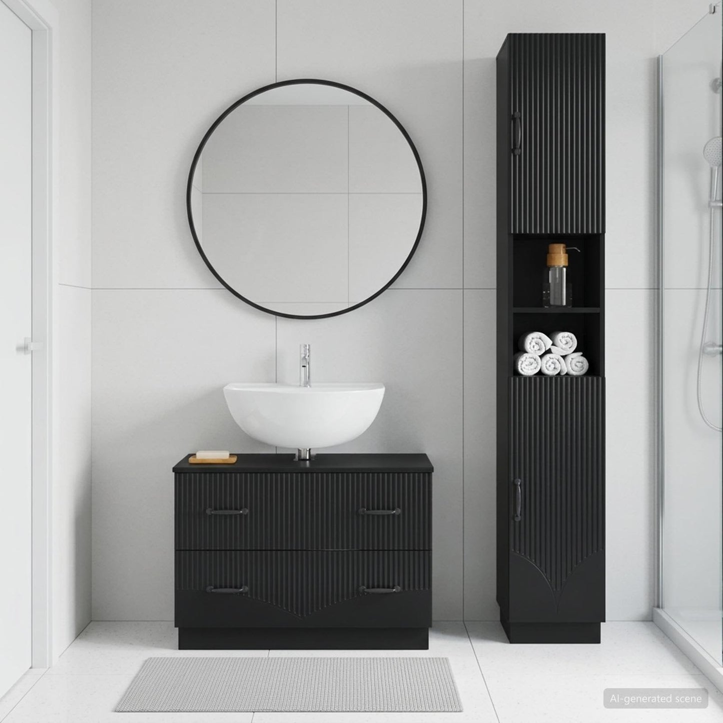 2 Piece Bathroom Cabinet Set HOORN Black Engineered Wood