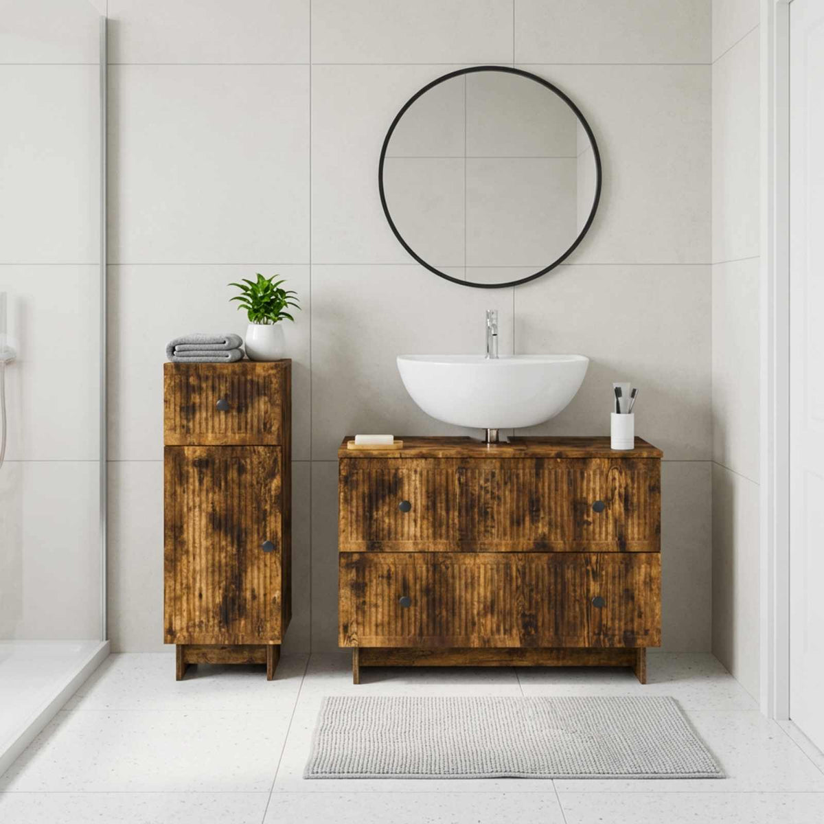 2 Piece Bathroom Cabinet Set EDE Smoked Oak Engineered Wood