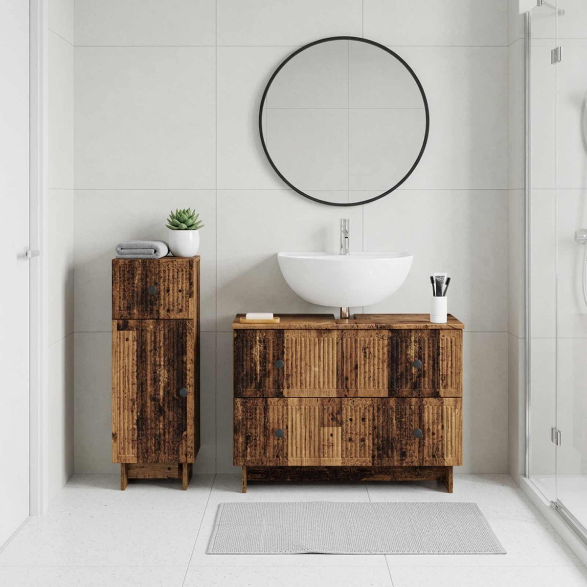 2 Piece Bathroom Cabinet Set EDE Old Wood Engineered Wood