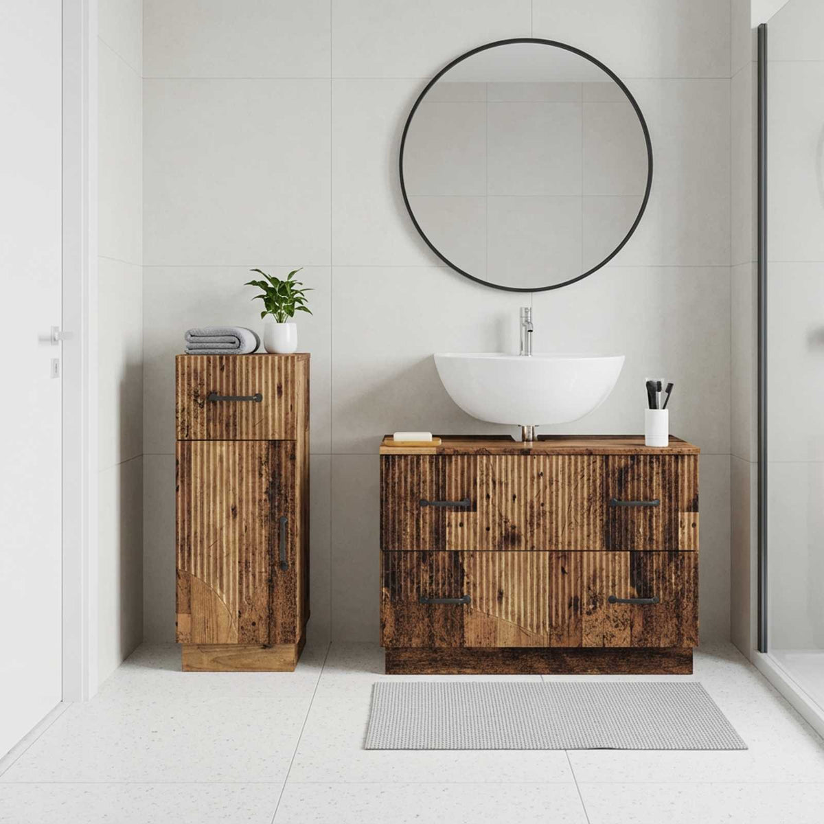 2 Piece Bathroom Cabinet Set HOORN Old Wood Engineered Wood