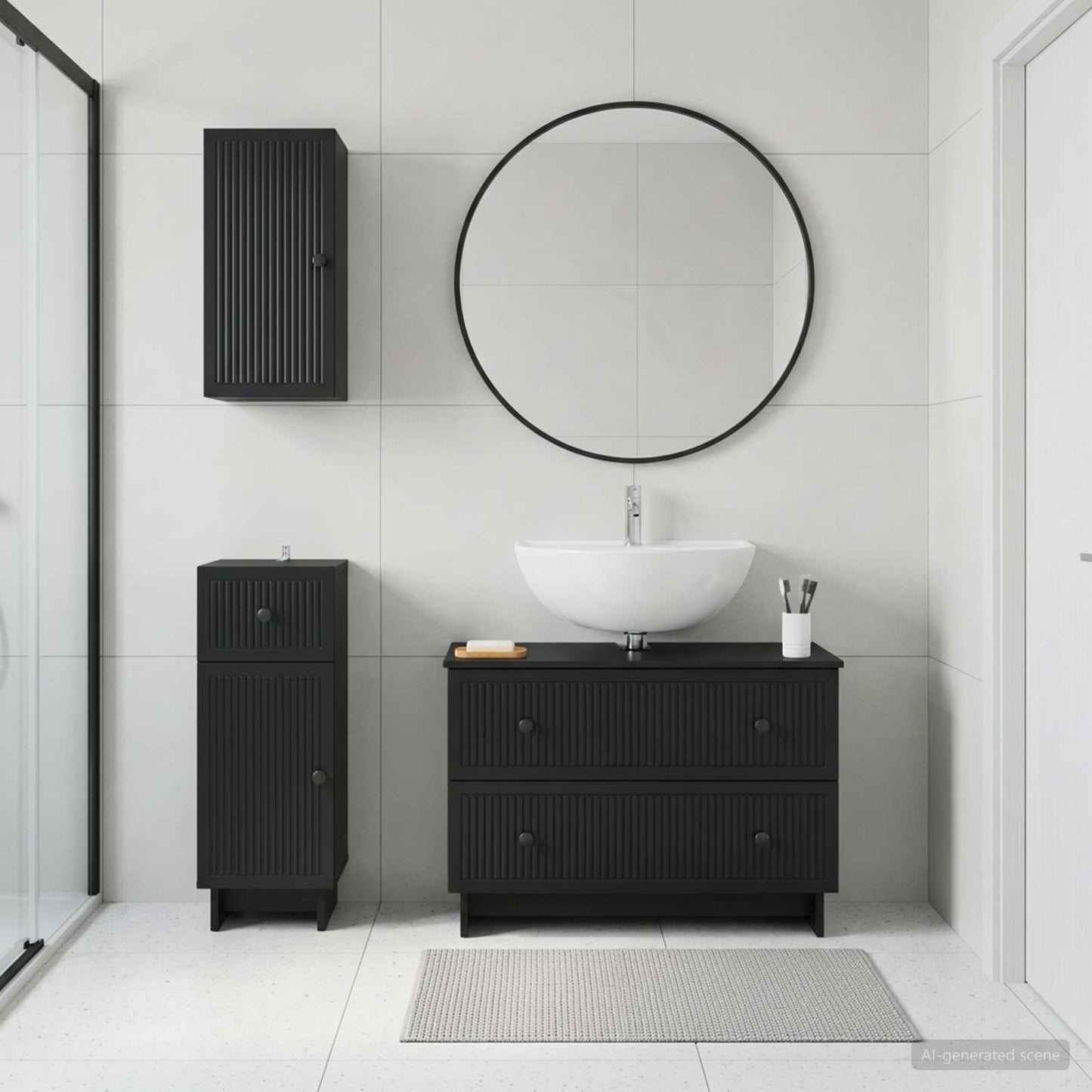 3 Piece Bathroom Cabinet Set EDE Black Engineered Wood