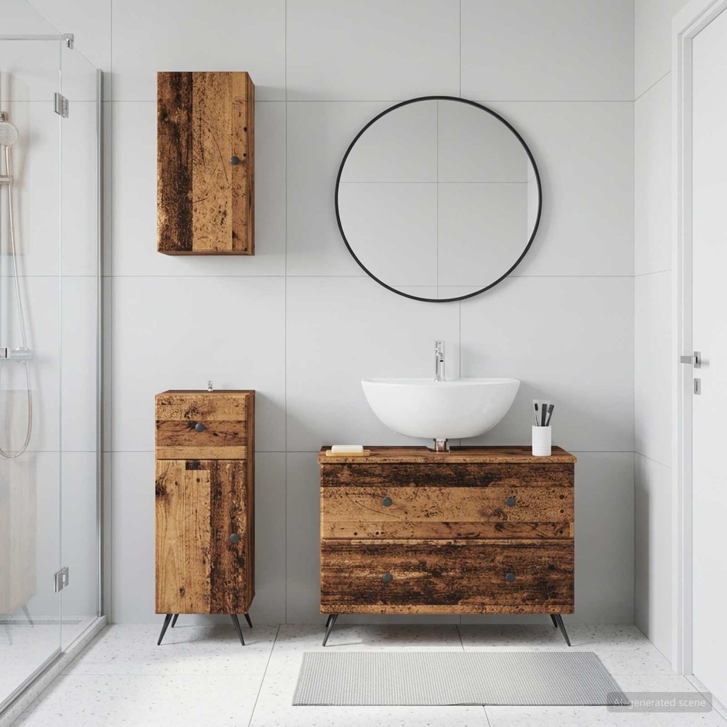 3 Piece Bathroom Cabinet Set BREDA Old Wood Engineered Wood