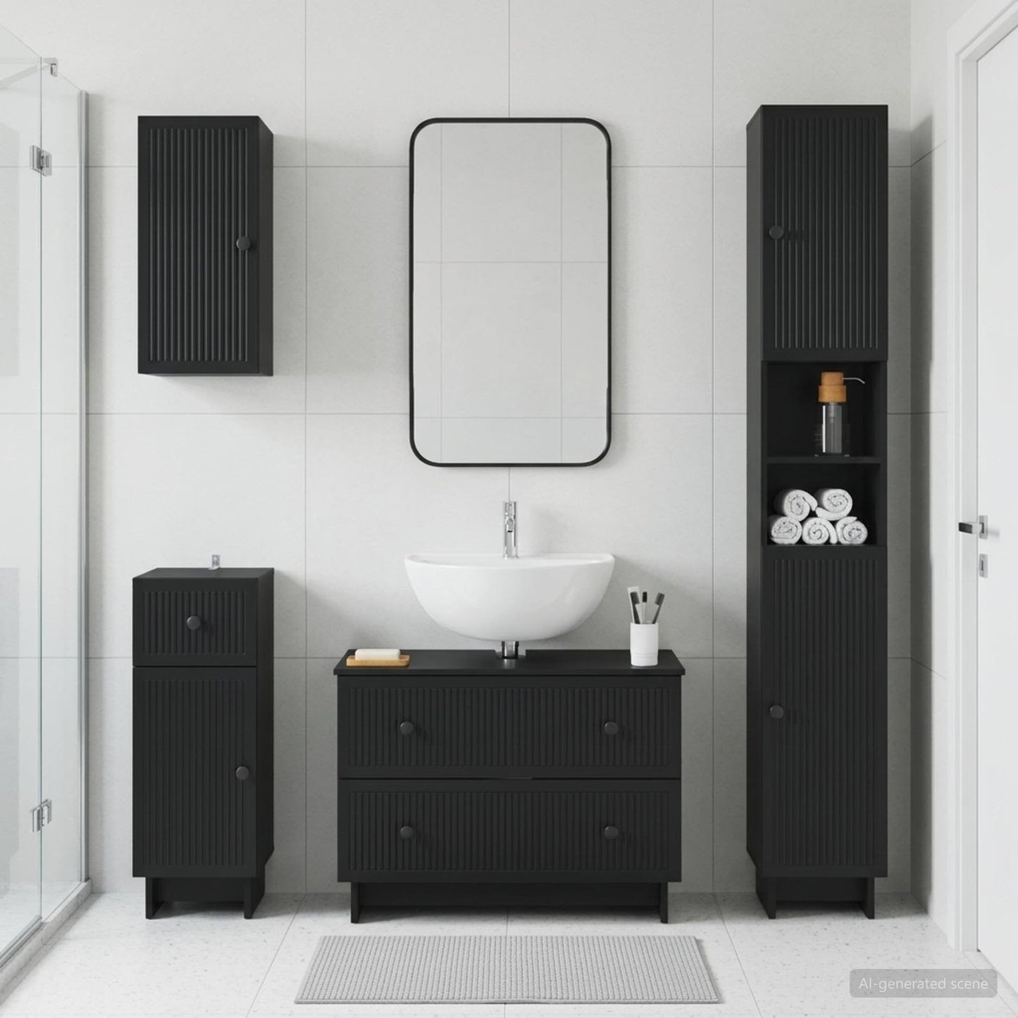 4 Piece Bathroom Cabinet Set EDE Black Engineered Wood