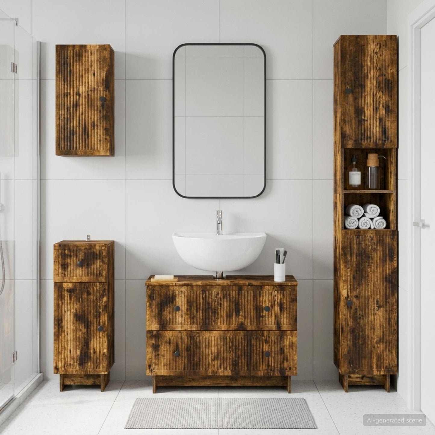 4 Piece Bathroom Cabinet Set EDE Smoked Oak Engineered Wood
