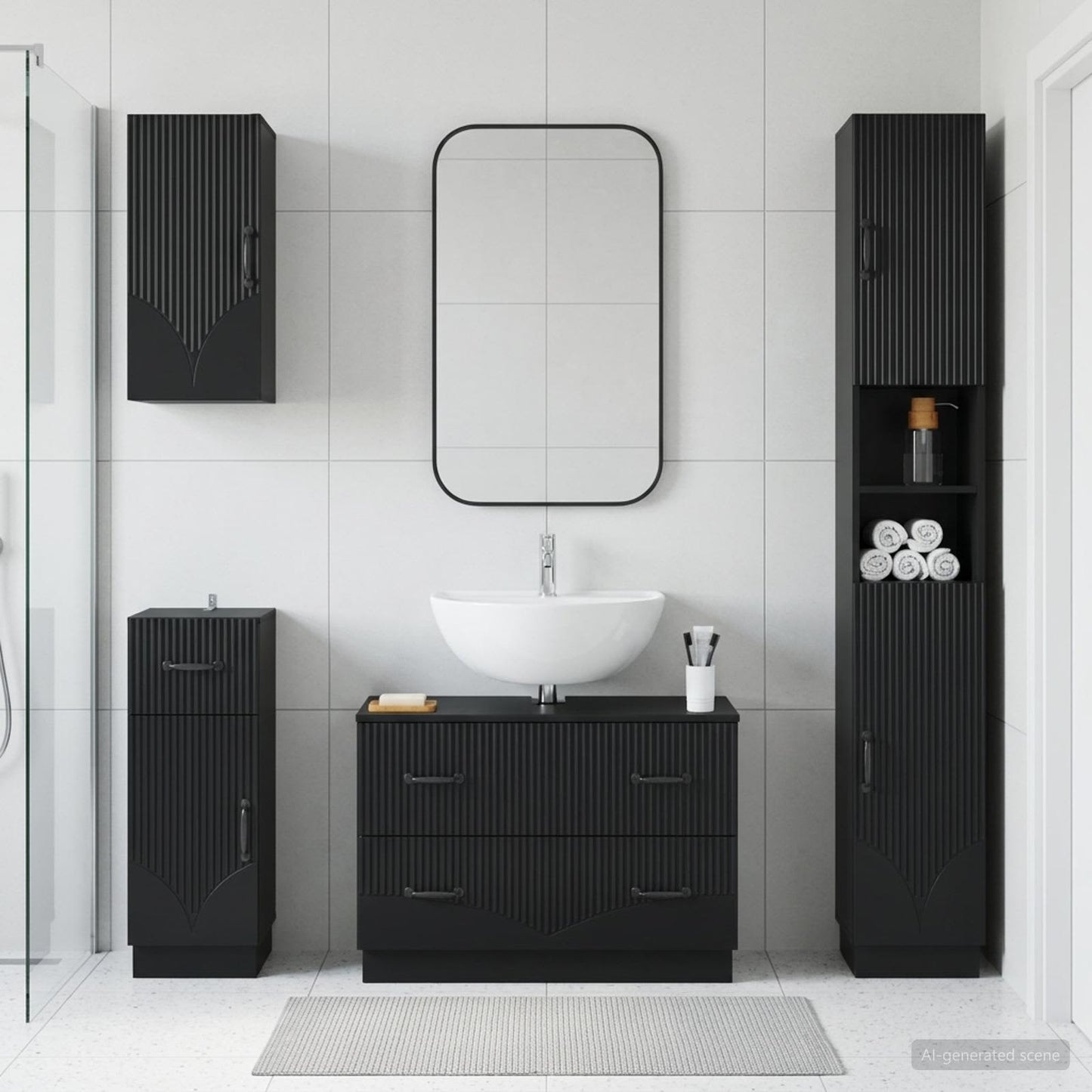 4 Piece Bathroom Cabinet Set HOORN Black Engineered Wood