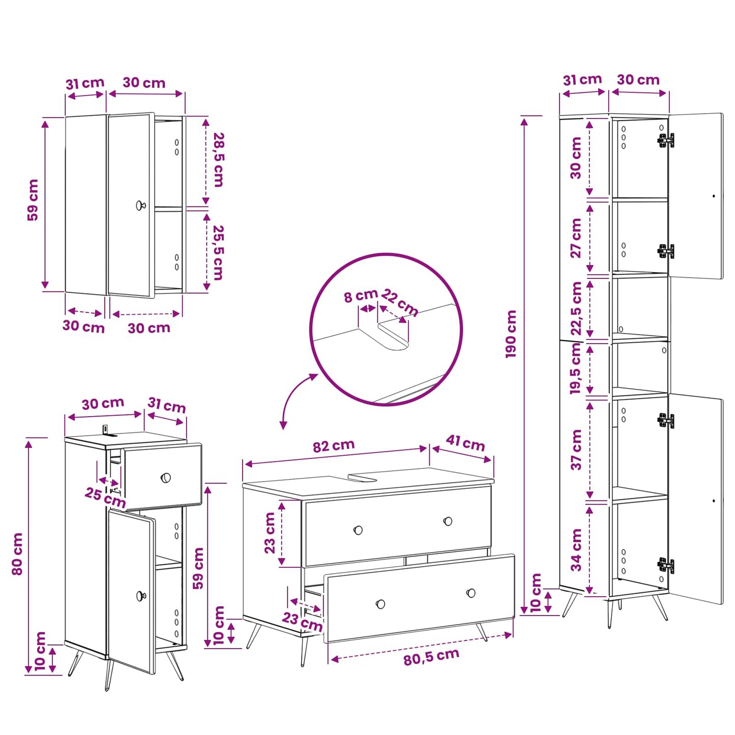 4 Piece Bathroom Cabinet Set BREDA High Gloss White