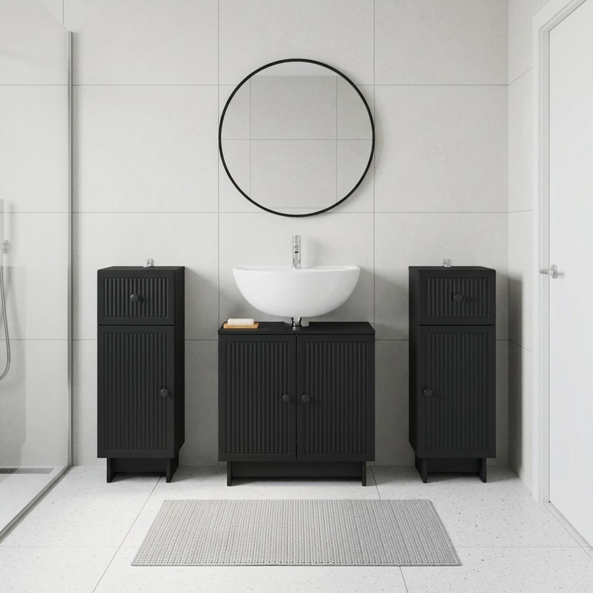 3 Piece Bathroom Cabinet Set EDE Black Engineered Wood
