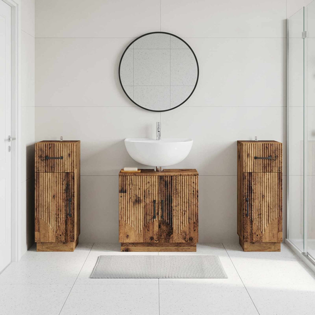 3 Piece Bathroom Cabinet Set HOORN Old Wood Engineered Wood