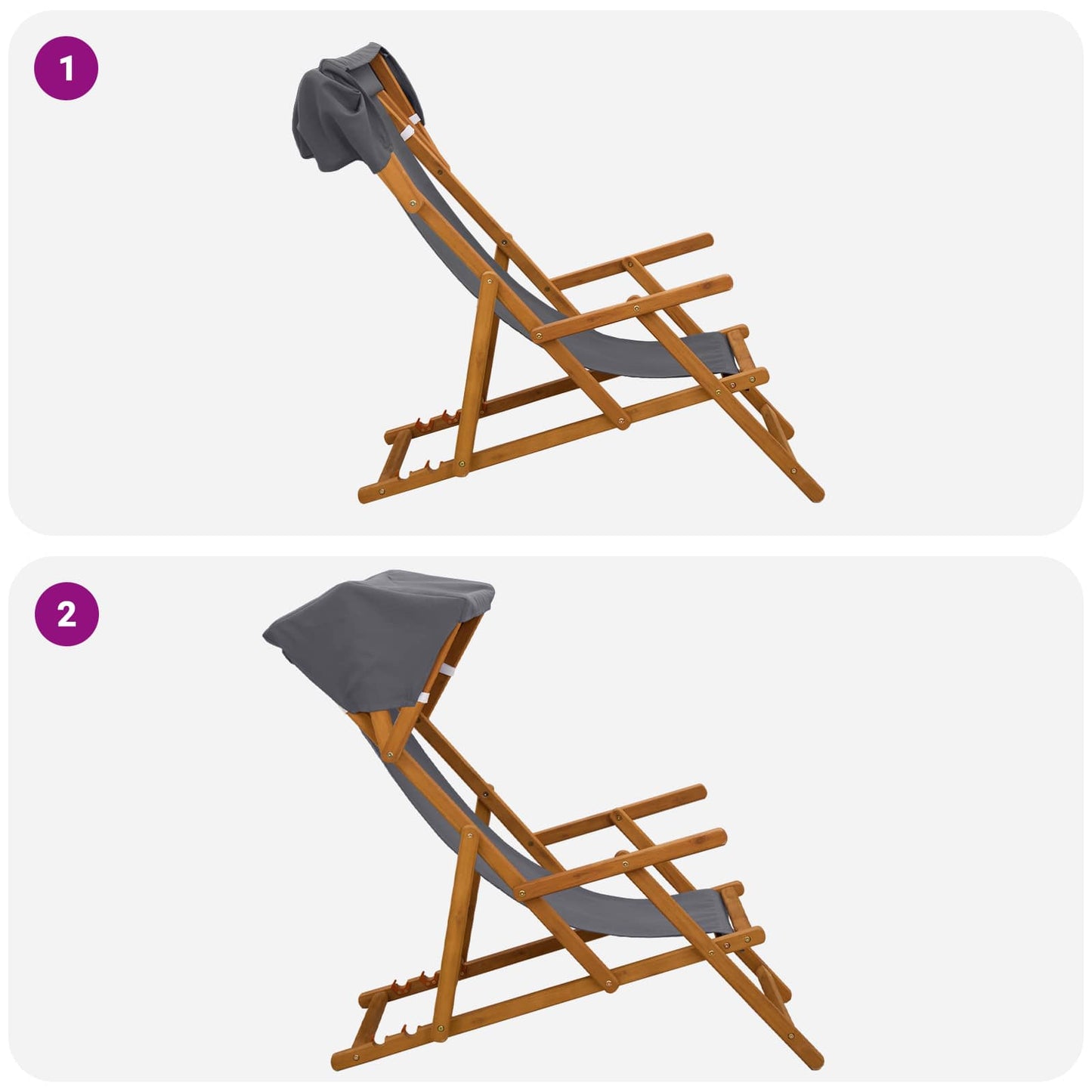 Deck Chair 2 pcs 3 Position Solid Eucalyptus Wood Grey