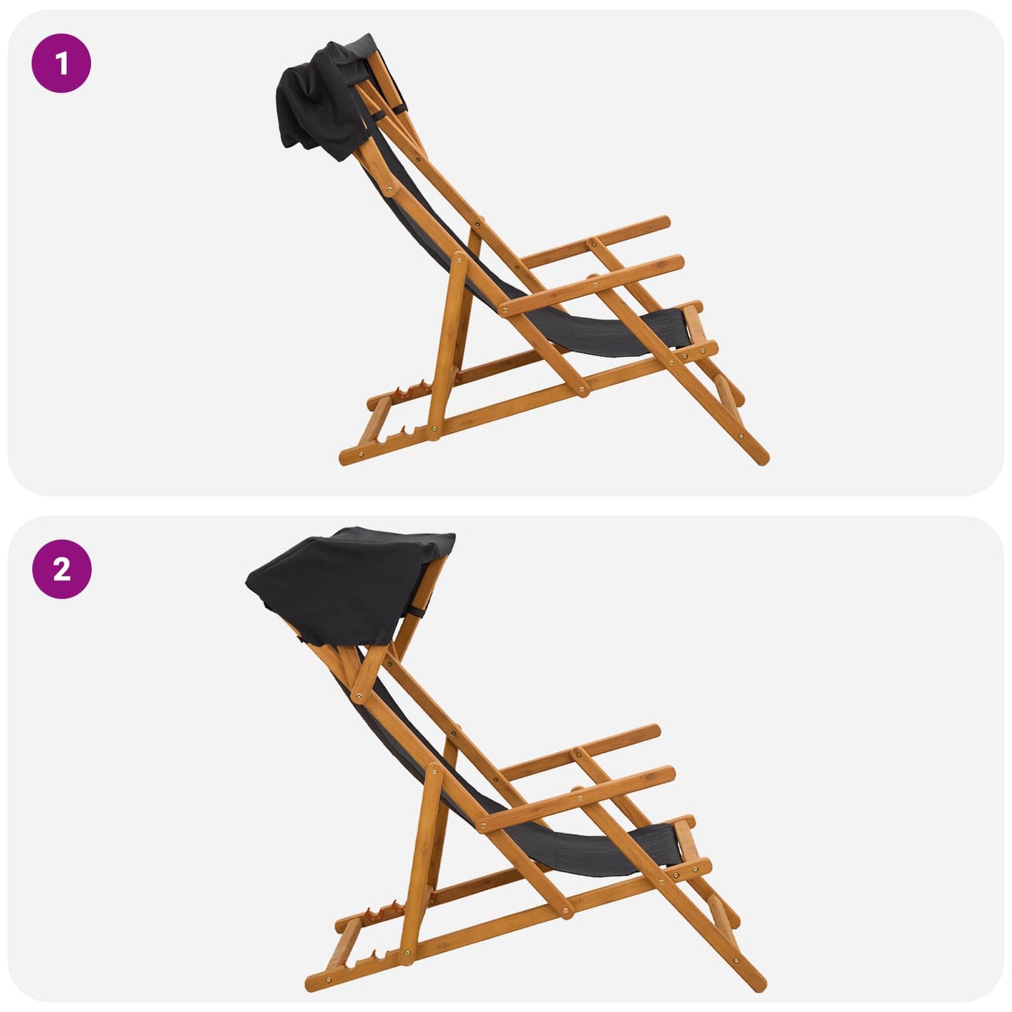 Deck Chair 2 pcs 3 Position Solid Eucalyptus Wood Black