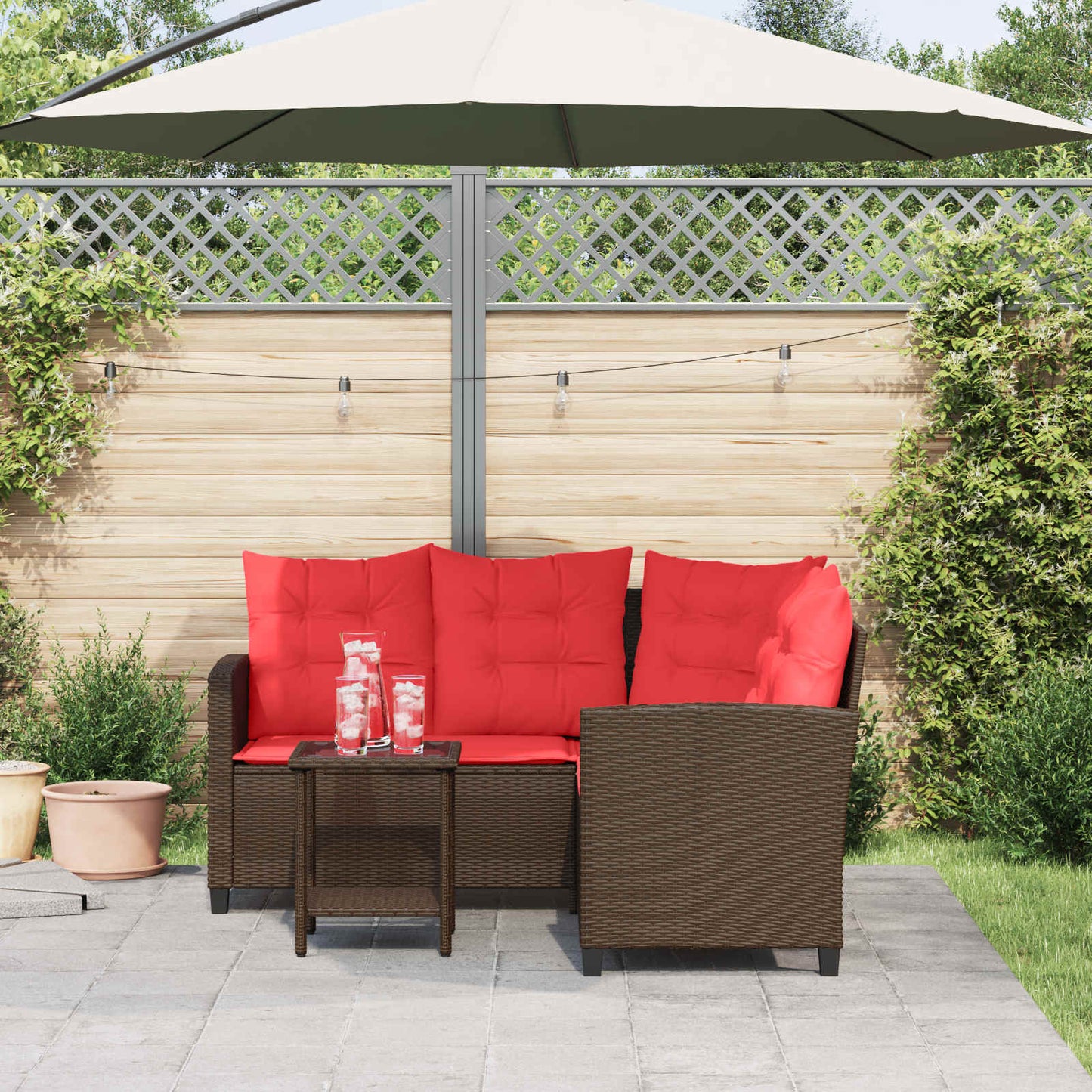 Outdoor Sofa Set with Cushion 2 pcs Brown and Red Poly Rattan