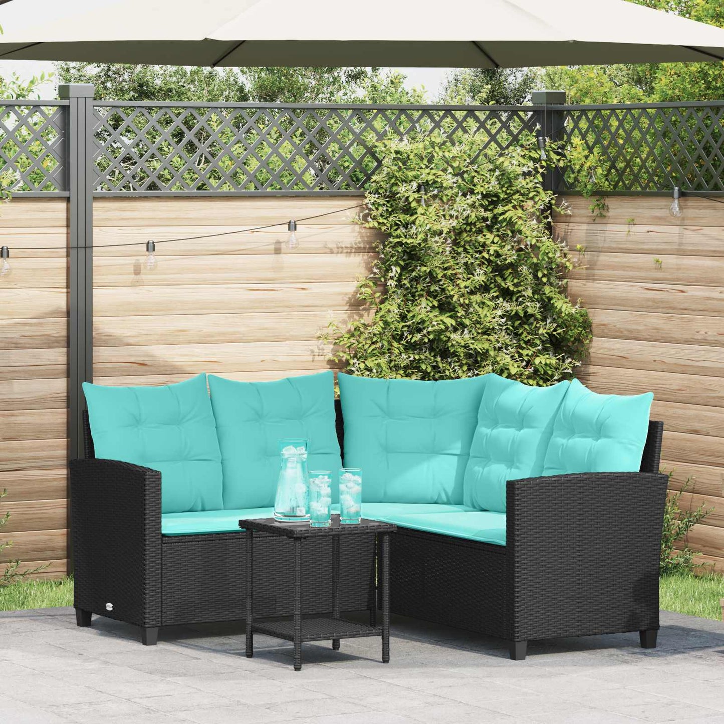 Garden Sofa with Cushion 2 pcs Black and Turquoise Poly rattan