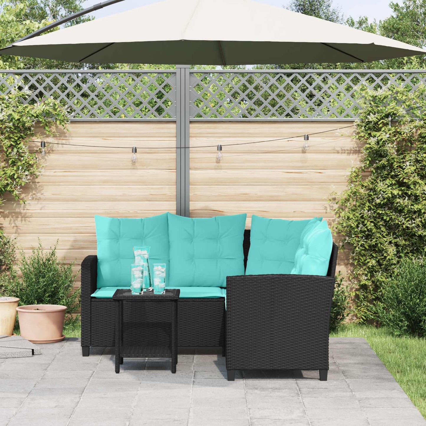 Garden Sofa with Cushion 2 pcs Black and Turquoise Poly rattan