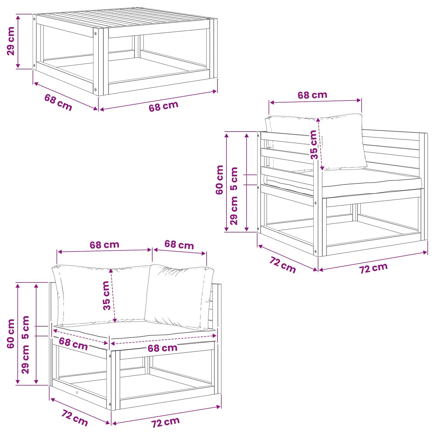 5 Piece Garden Lounge Set Modular Natural Solid Acacia Wood